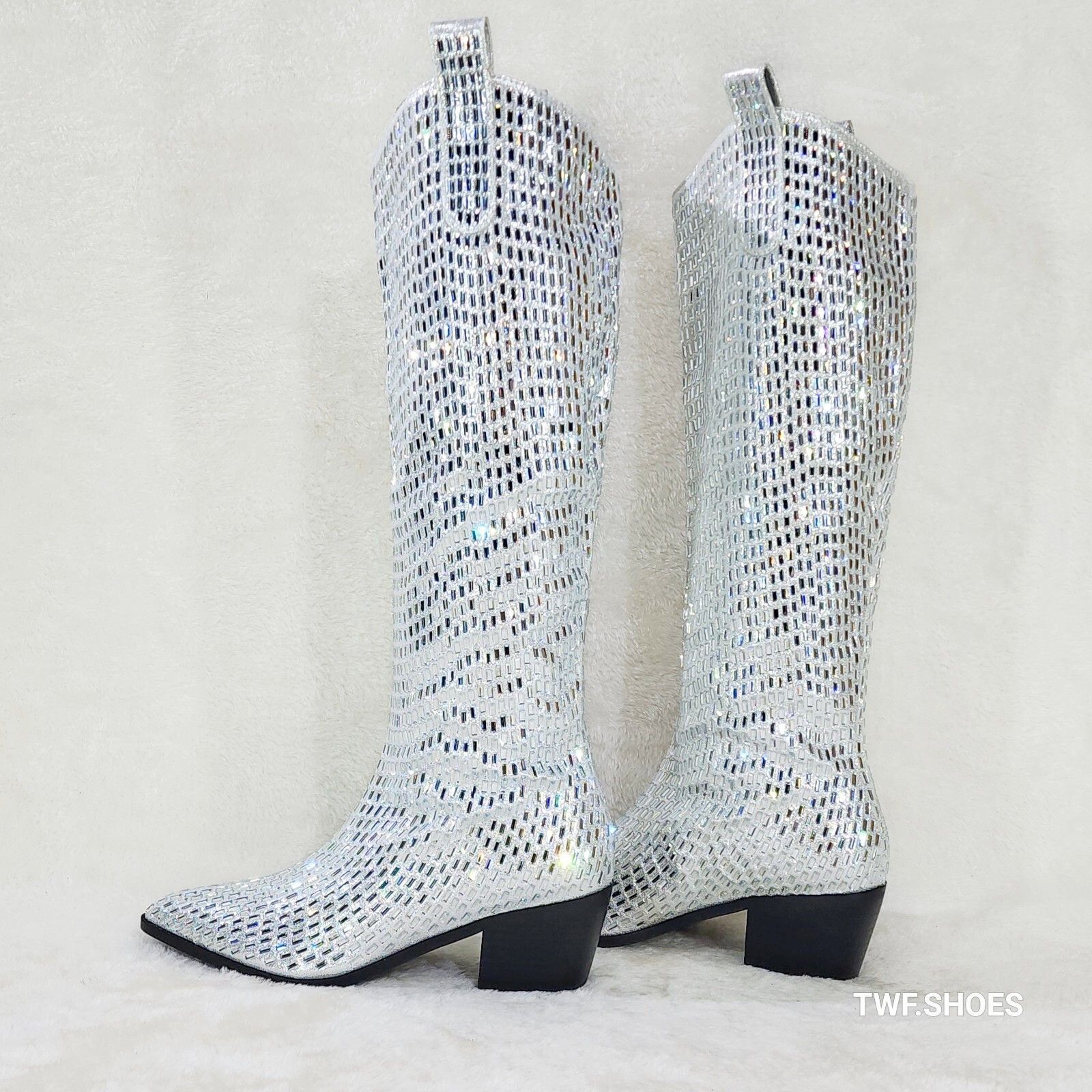 Other Shattered Silver Rhinestone Western Cowgirl Knee Boots NEW ( Size US 11 / IT 41 - 4 Thumbnail