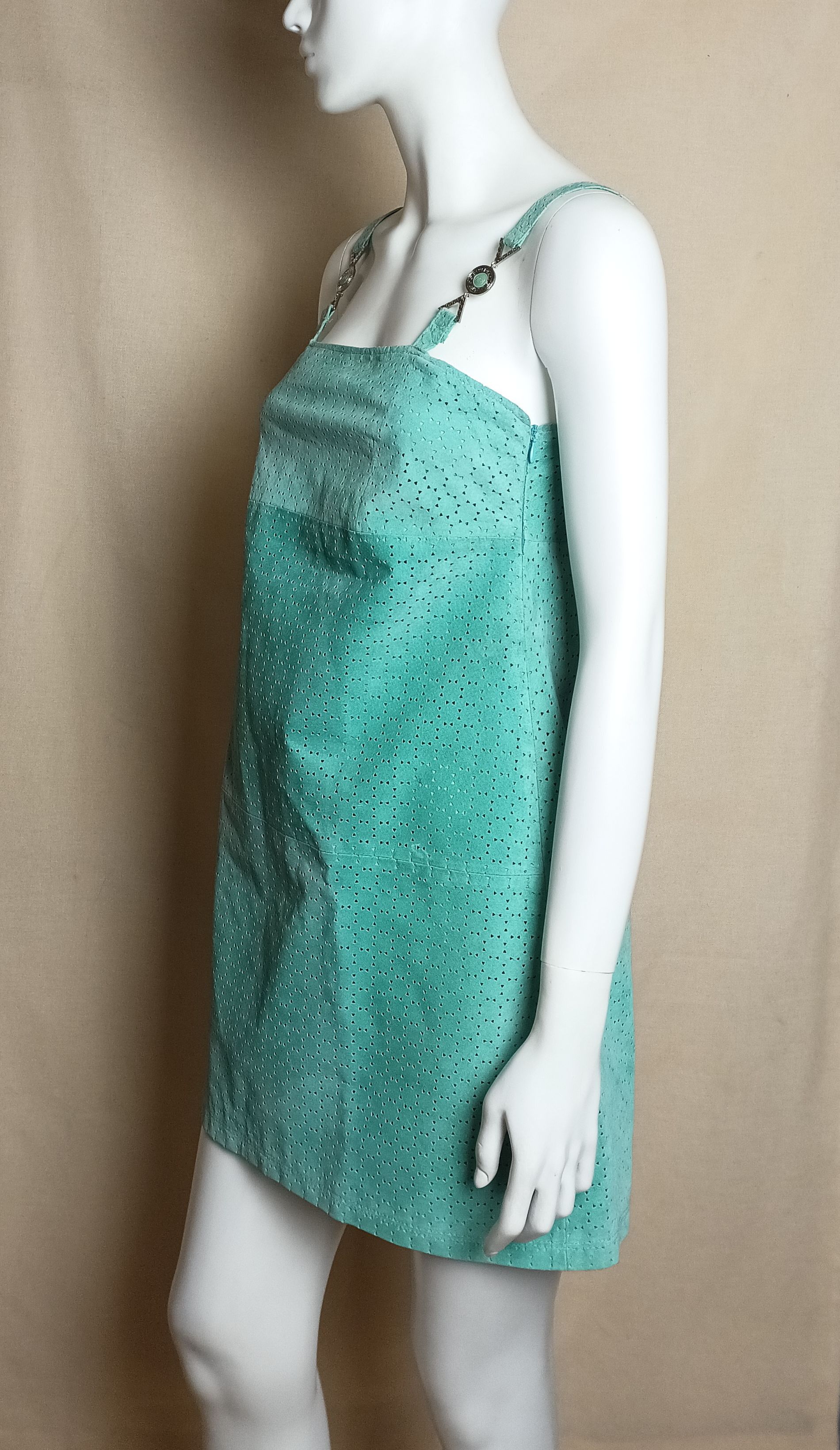 Versace Versace V2 Classic Turquoise Perforated Suede Leather Dress Size M / US 6-8 / IT 42-44 - 3 Thumbnail