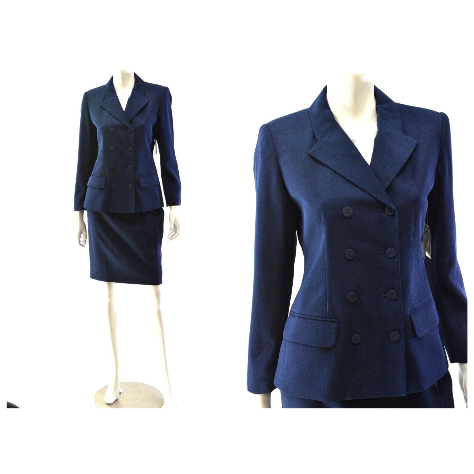 image of Vintage 90's Navy Blue Double Breasted Skirt Suit Womens 4P Jacqueline Ferrar in White