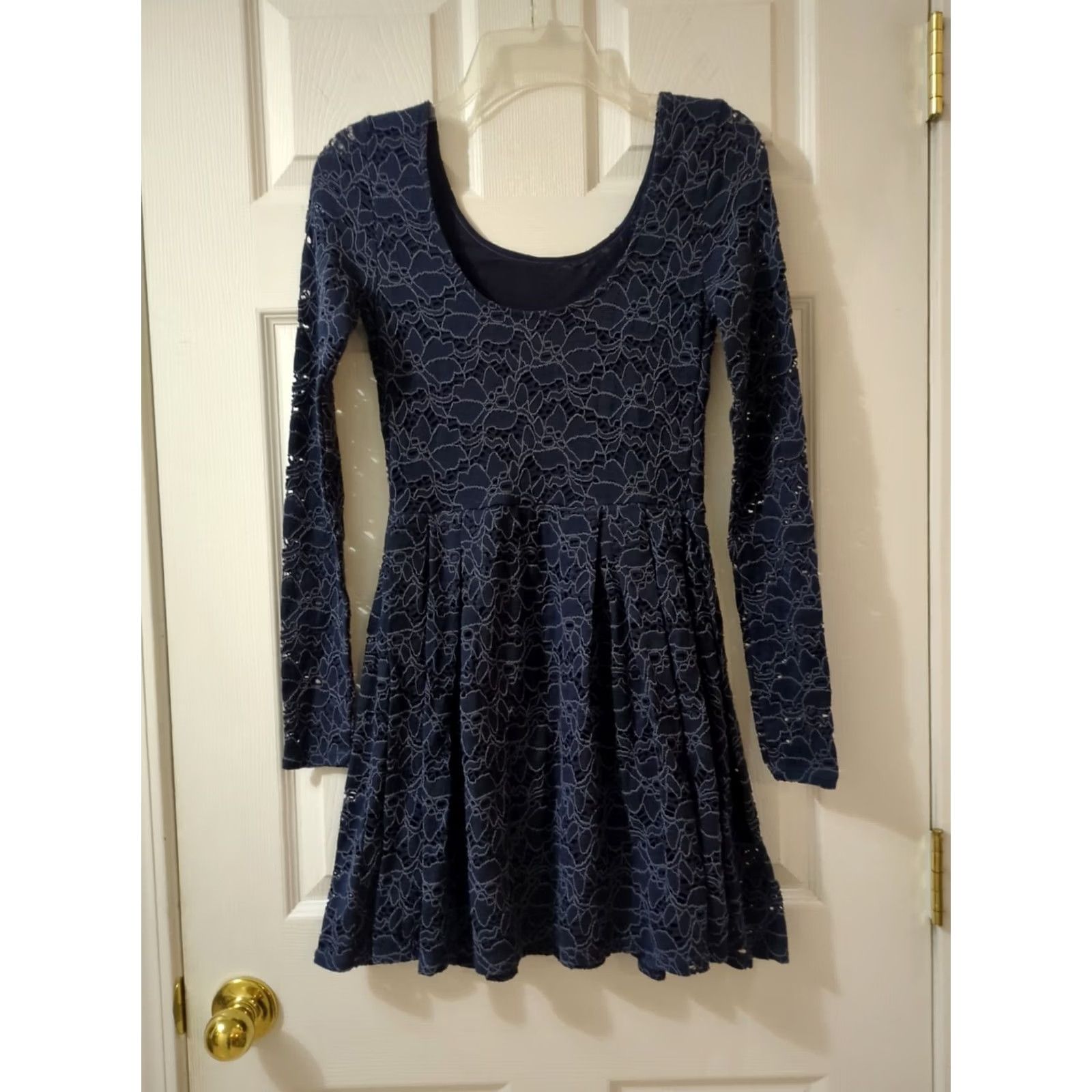 Free People Free People Womans XS Long Sleeve Mini Dress Navy Blue Lace Boho Chic Floral Pattern Dress, Bohemian, Regular, Short, Women, Fall Spring Summer, XS Size XS / US 0-2 / IT 36-38 - 2 Thumbnail
