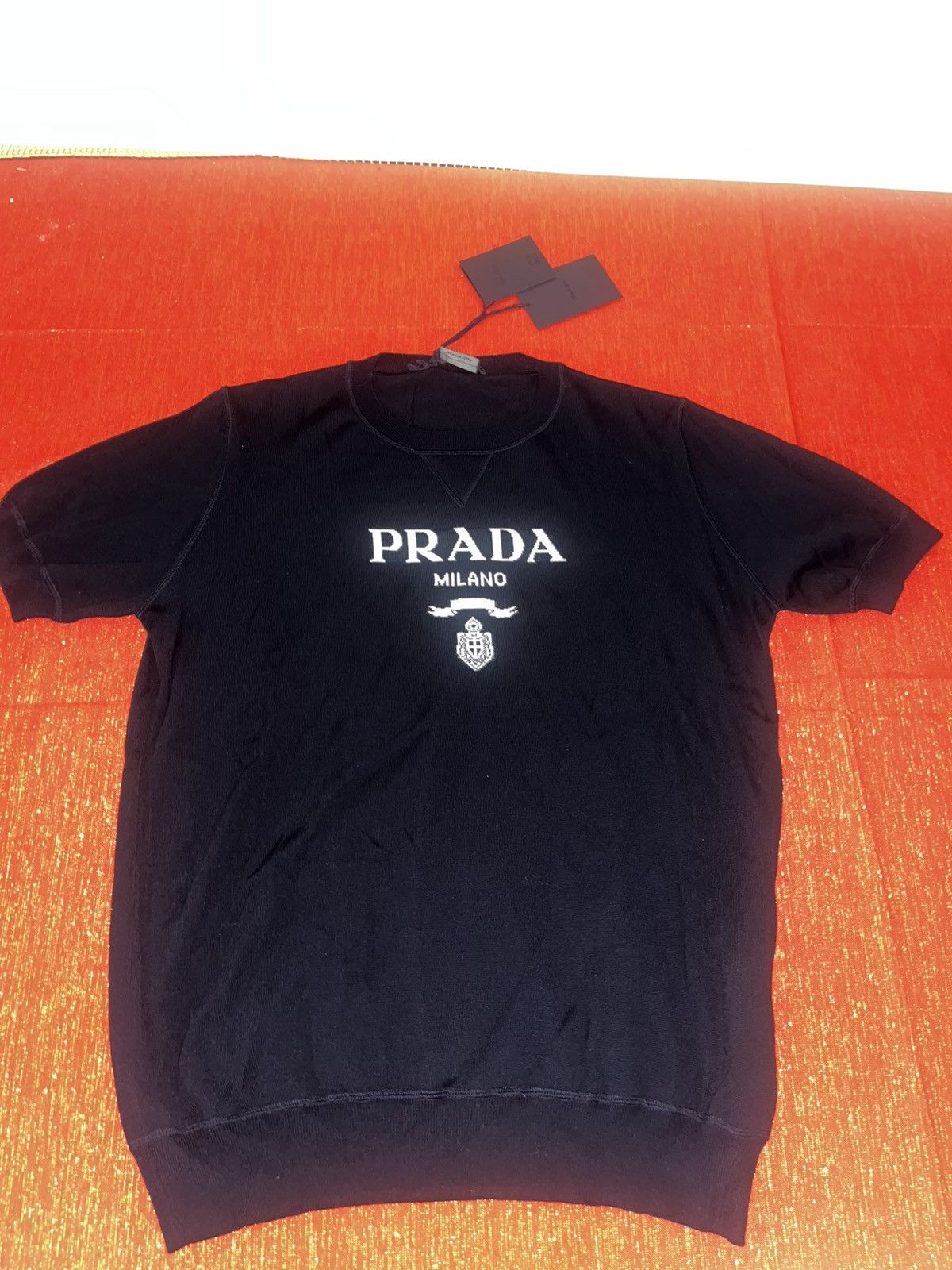 Prada Logo Short Sleeve Cashmere Wool Sweater Sz 50