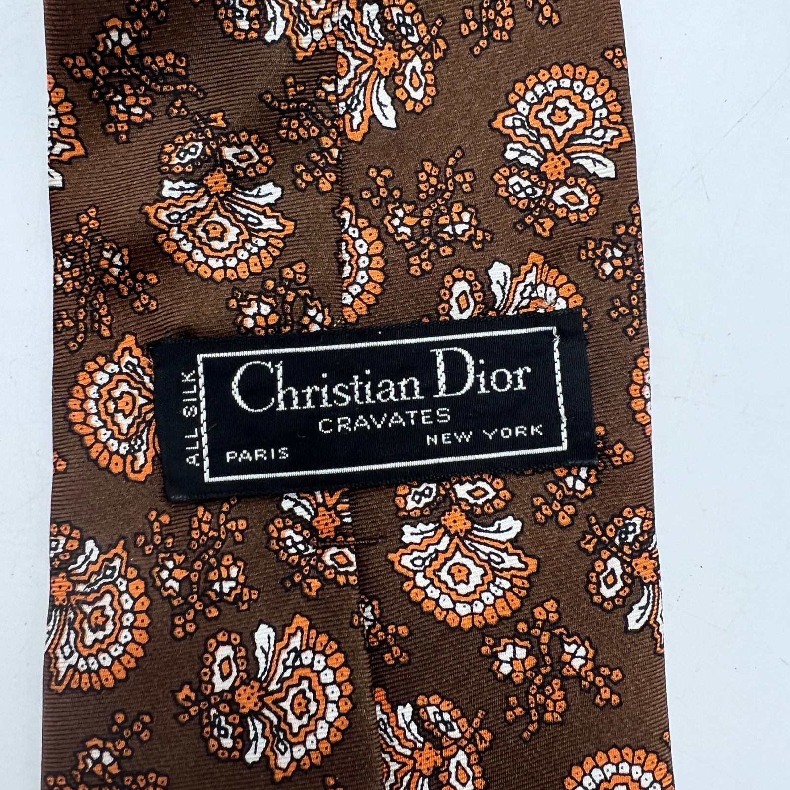 Vintage 80s Christian Dior Silk Tie Floral Motif Brown
