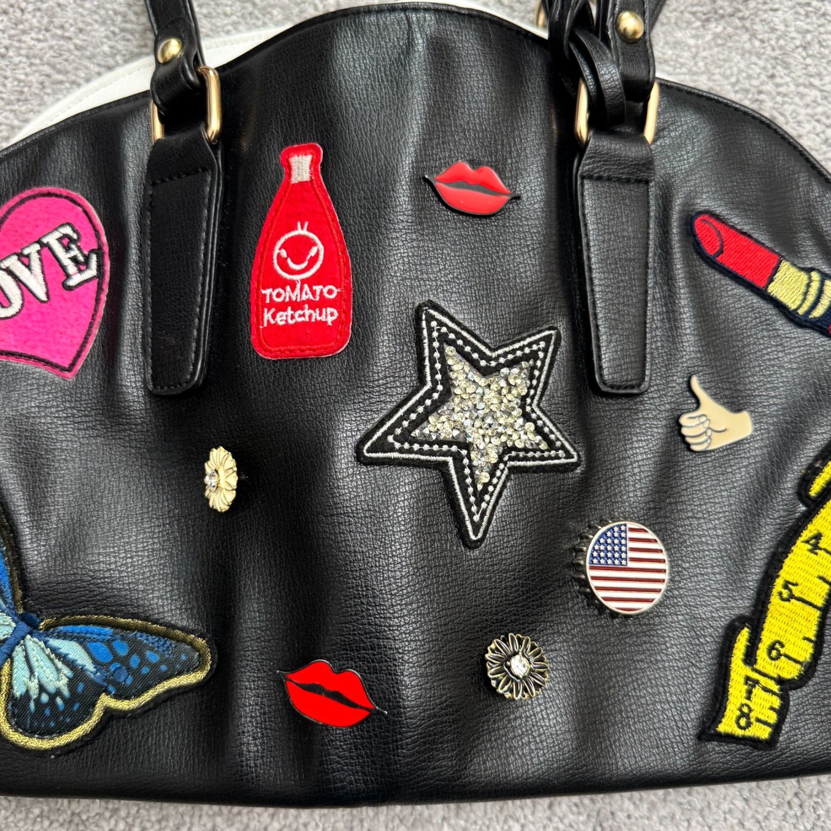 Vintage VINTAGE Amy & Joey Leather Tote Bag Women Medium Black Patches Graphic Statement Chic Size ONE SIZE - 5 Thumbnail
