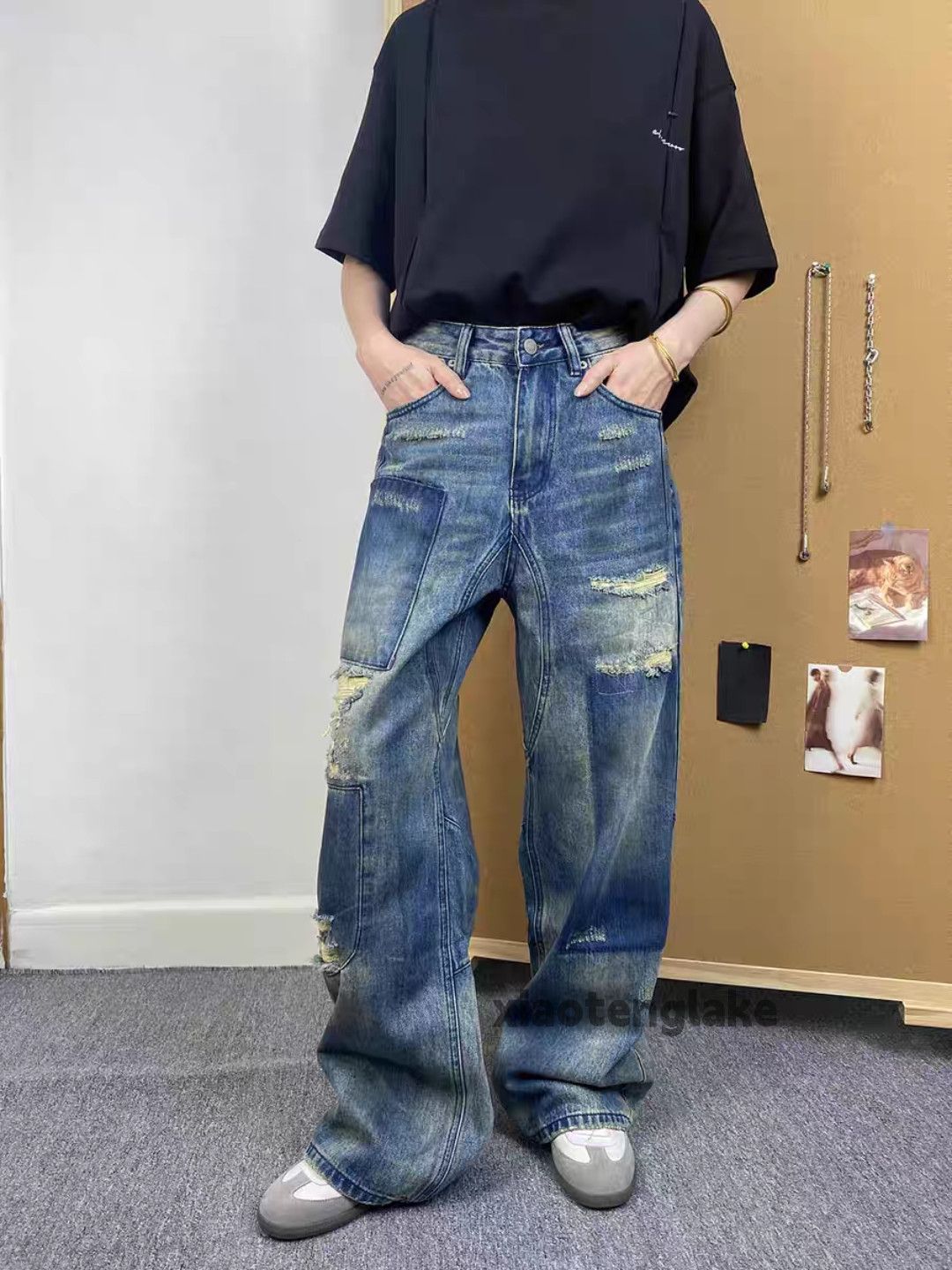 Jean × Vintage washed faded patch damaged loose baggy stain jeans Size US 32 / EU 48 - 3 Thumbnail