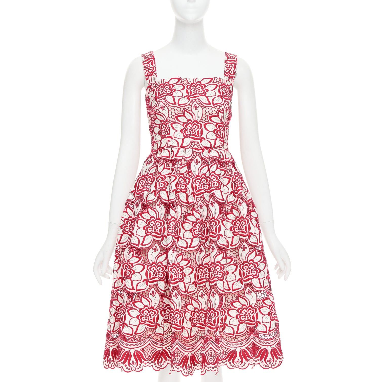 Dolce & Gabbana DOLCE GABBANA 2021 red cream floral embroidery anglais flared sun dress IT38 XS Size XS / US 0-2 / IT 36-38 - 1 Thumbnail