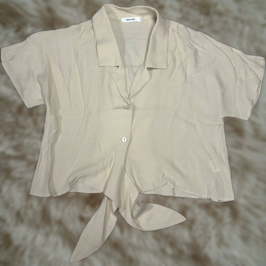 Vintage Mod Ref Womens Cropped Knot Tie Top Shirt Short Sleeve Beige S Cropped Blouse/Top Womens XS-Size? (rearrangement) Size S / US 4 / IT 40 - 1 Thumbnail