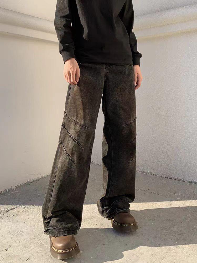 Japanese Brand × Jean Retro street style scratched straight wide leg jeans Size US 34 / EU 50 - 1 Thumbnail