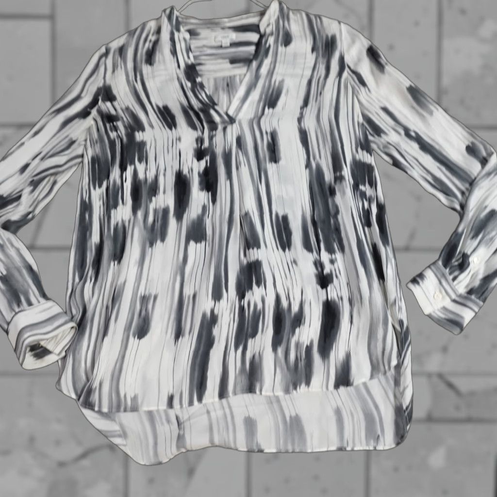 Vince Vince Shirt Blouse White M Silk 100% Abstract Band Collar Long Sleeve V-Neck Womens Shirt Size M / US 6-8 / IT 42-44 - 1 Thumbnail