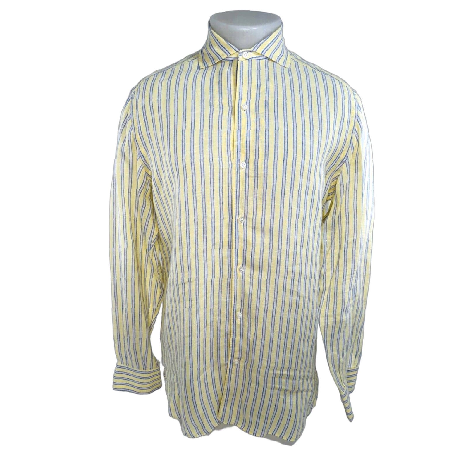 Vintage GIAMPAOLO Striped Linen Shirt Mens 40 XL? 40 Linen Shirt Men Long Sleeve Button-Up Yellow Blue Red EXCELLENT Size US L / EU 52-54 / 3 - 1 Thumbnail