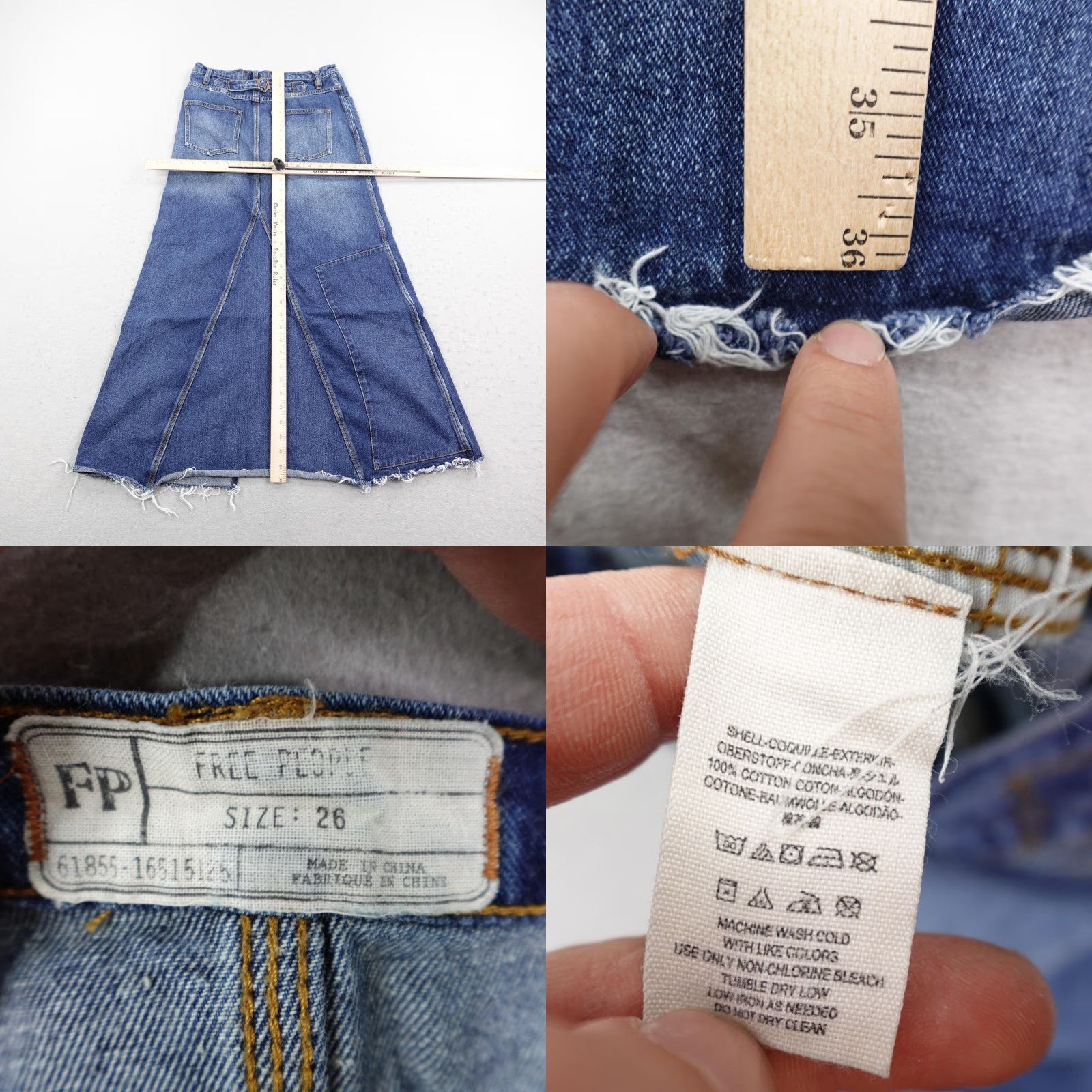 Free People VINTAGE Free People Skirt Womens 26 Blue Denim Patchwork Maxi Button Fly Raw Hem Boho Size 26" / US 2 / IT 38 - 8 Thumbnail