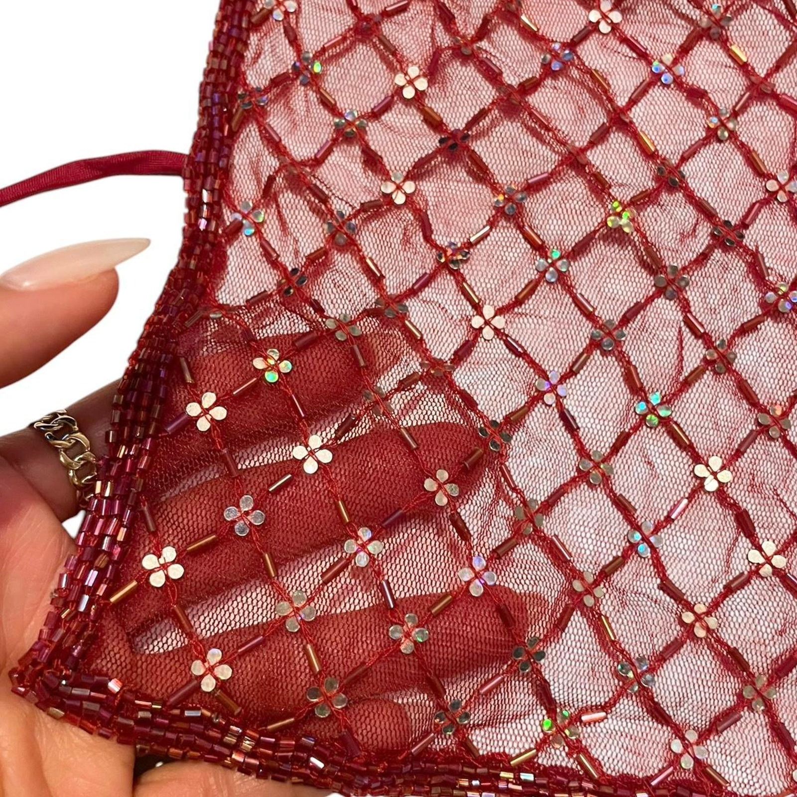 Vintage Deadstock VTG y2k red sequin beaded backless halter top Size S / US 4 / IT 40 - 3 Thumbnail