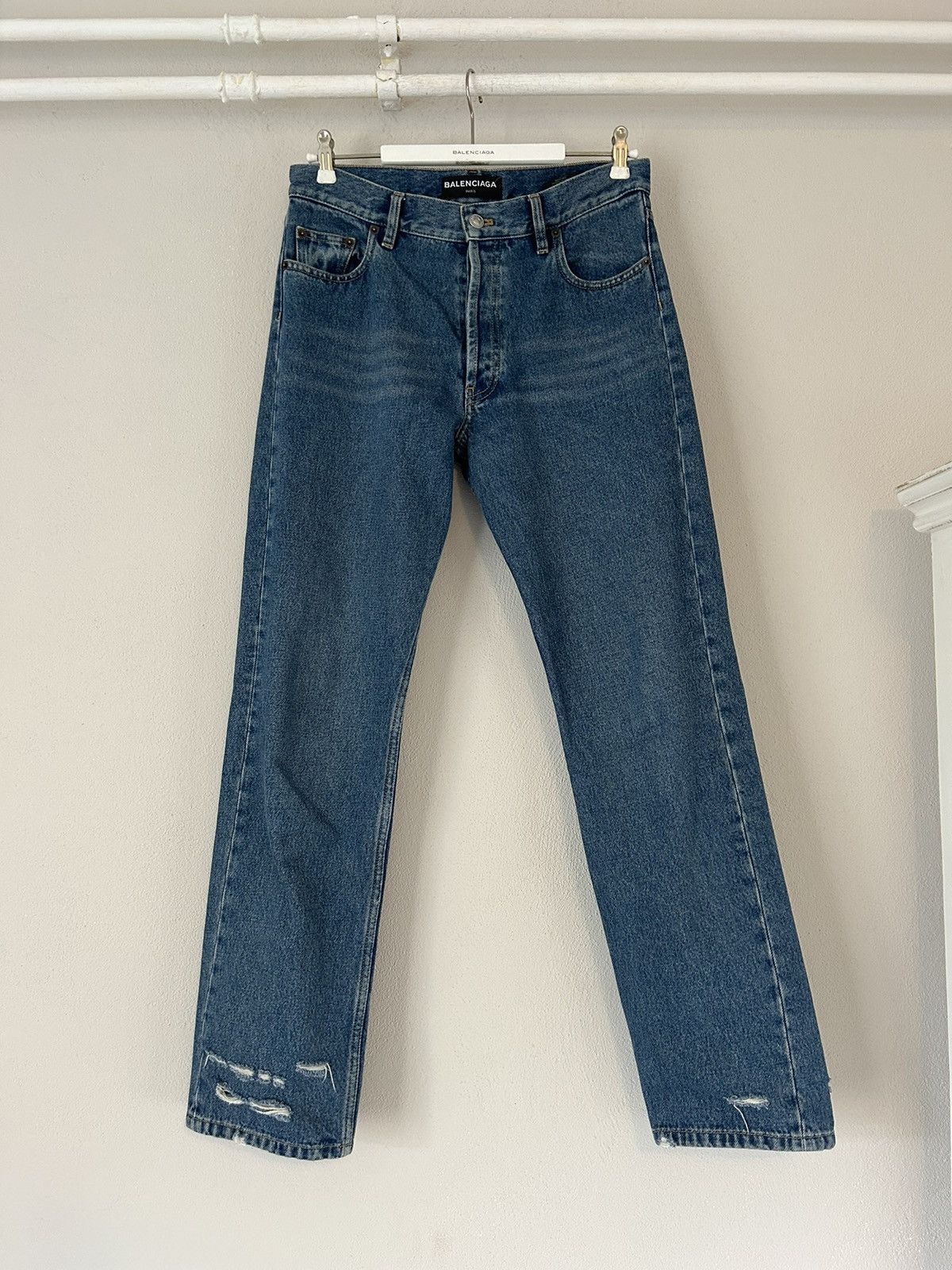 image of Balenciaga Destroyed Hem Jeans in Blue, Men's (Size 31)