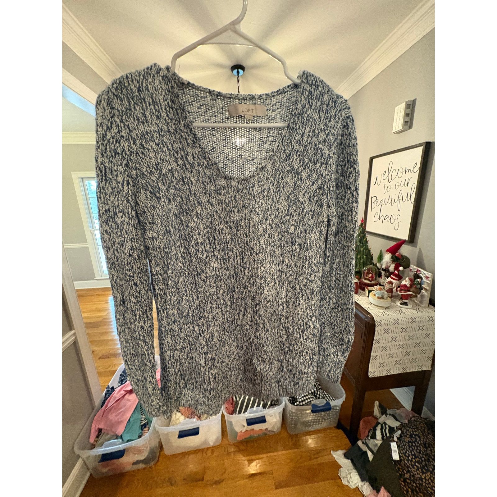 Loft LOFT XS Blue White Marled Knit Sweater V-Neck Long Sleeve Size XS / US 0-2 / IT 36-38 - 2 Thumbnail