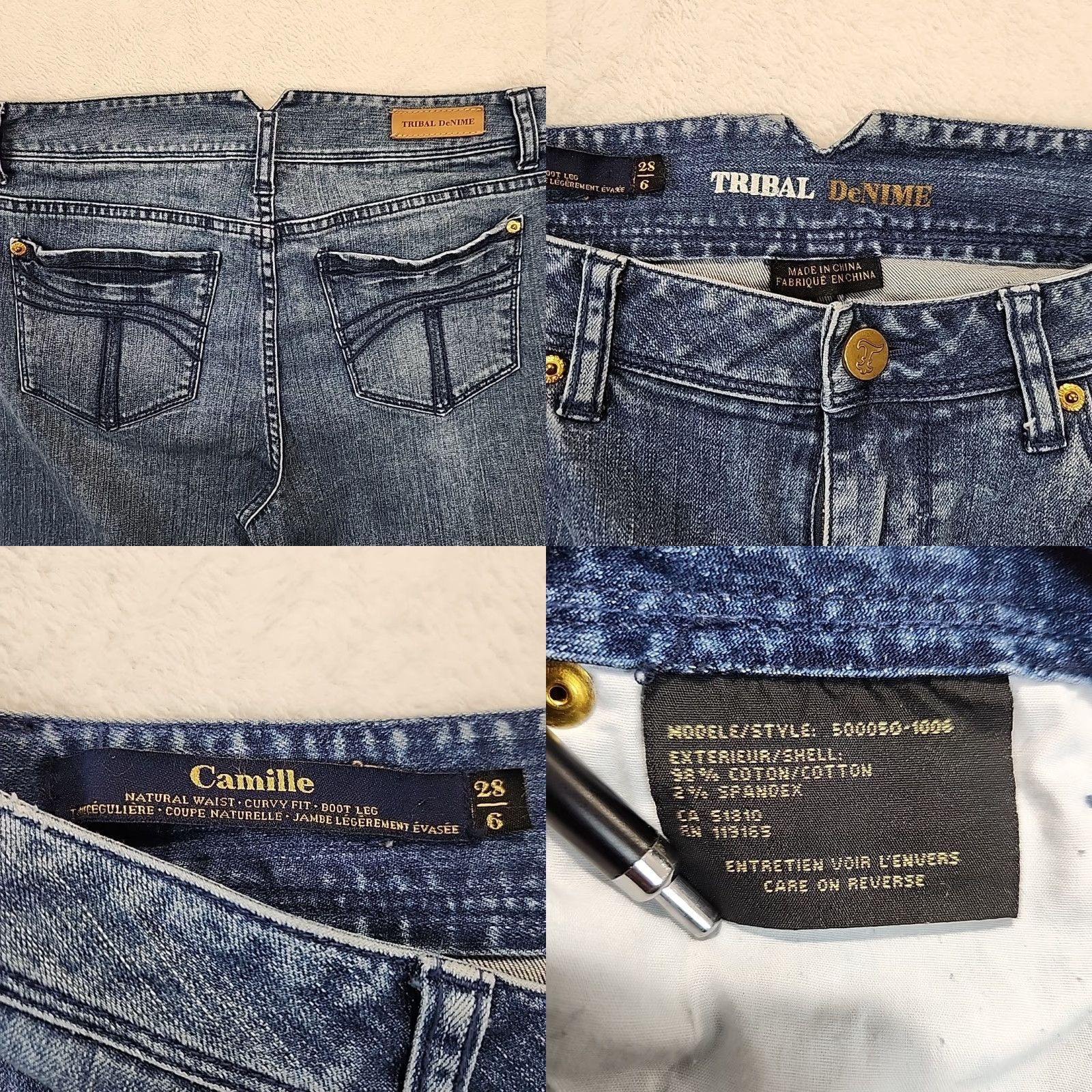 Denime VINTAGE Tribal DeNIME Jeans Womens 28/6 Camille Natural Waist Curvy Boot Leg Whisker Denim Blue 5-Pocket Stretch Regular 6 Womens Jeans Size 28" / US 6 / IT 42 - 9 Thumbnail