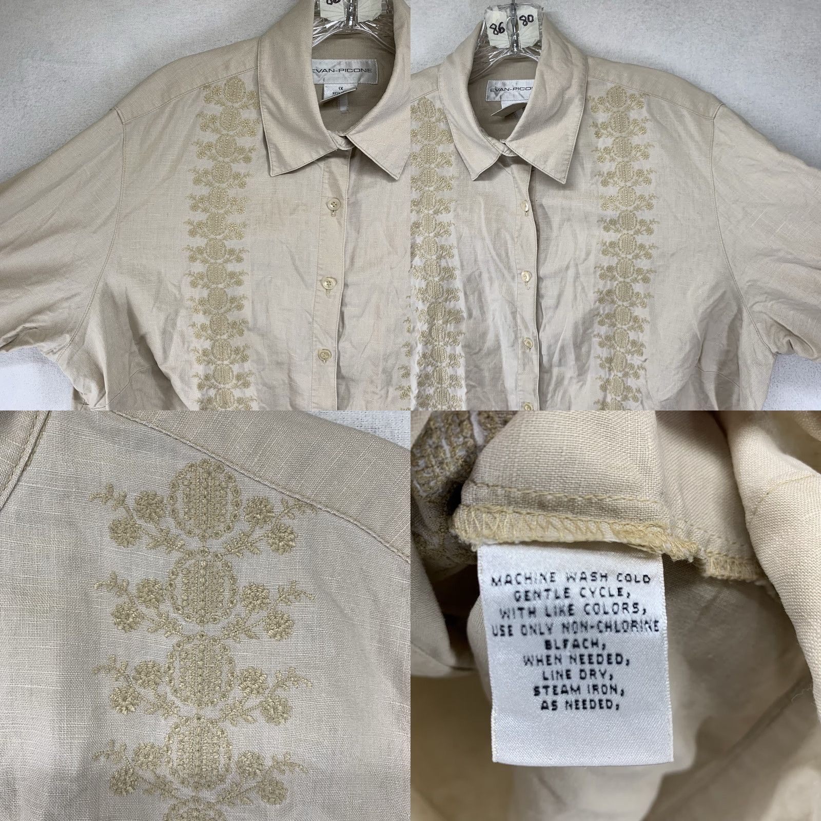Evan Picone VINTAGE Women's Linen Blend Button-Up Shirt 1X Beige Embroidered All Seasons Bohemian Evan Picone Size XL / US 12-14 / IT 48-50 - 8 Thumbnail
