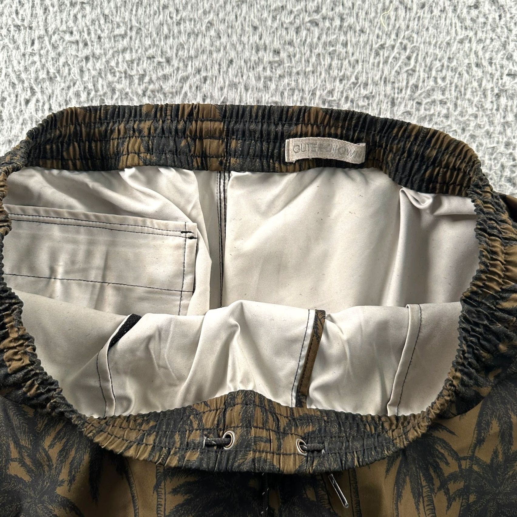 Outerknown Outerknown Swim Trunks Mens 33 Olive Palm Print Drawstring Quick Dry Board Shorts Beach Tropical Mens Size ONE SIZE - 7 Thumbnail