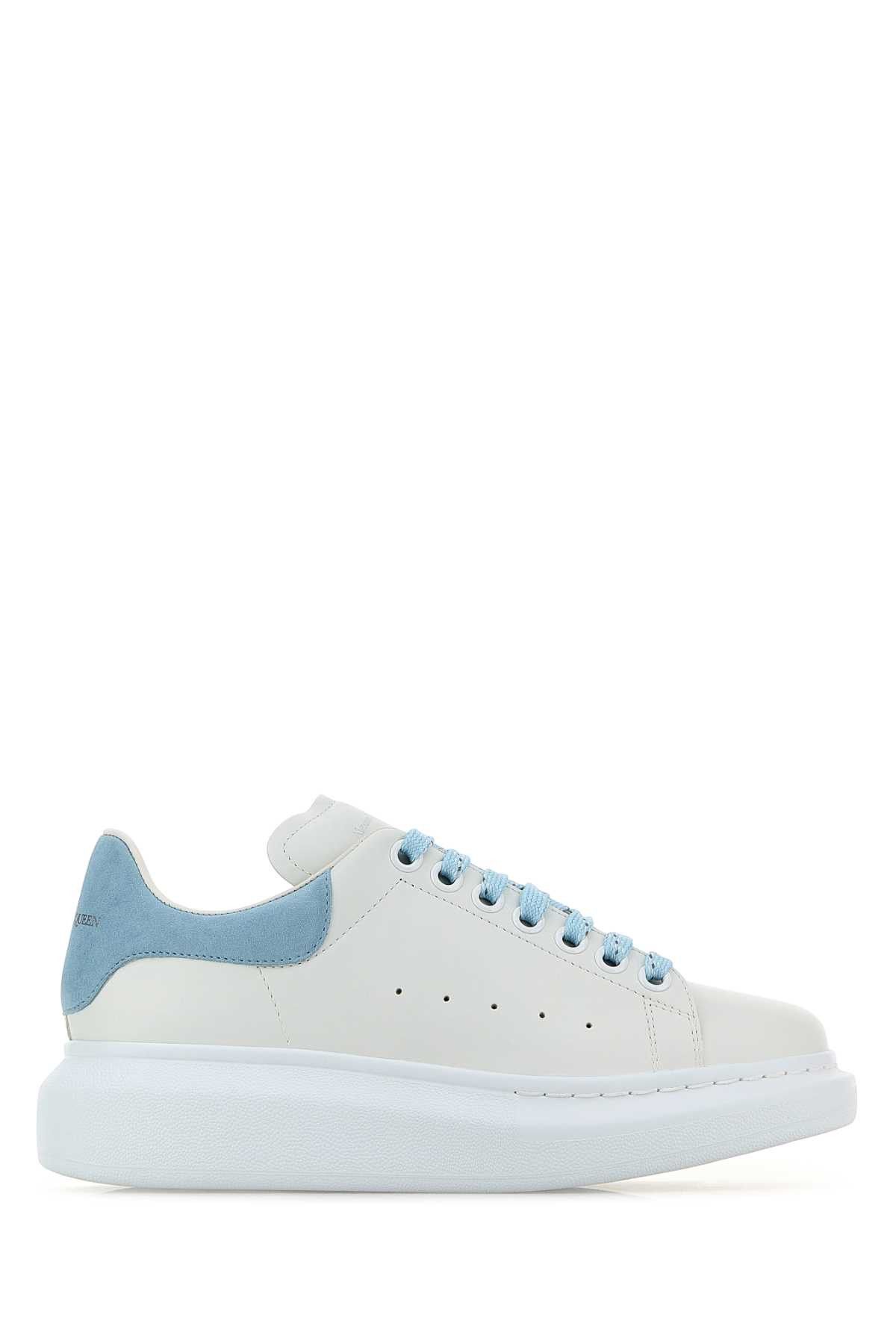 White Leather Sneakers With Pastel Light Blue Suede Heel