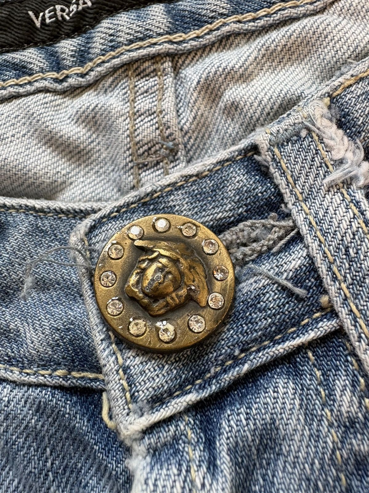 Versace Jeans Couture Vtg Versace Y2K Medusa Logo Distressed Bootcut Flared Jeans Size 29" - 13 Thumbnail