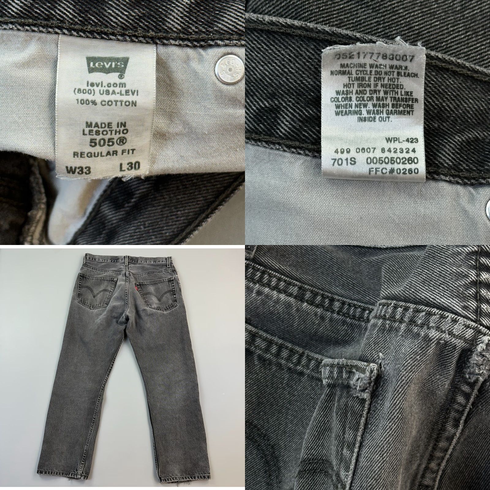 Levi's VINTAGE Levi's 505 Jeans Mens 33x30 Charcoal Wash Regular Fit Distressed 90s Punk Y2K Levi's 500 Series Mens Jeans Size US 33 - 8 Thumbnail