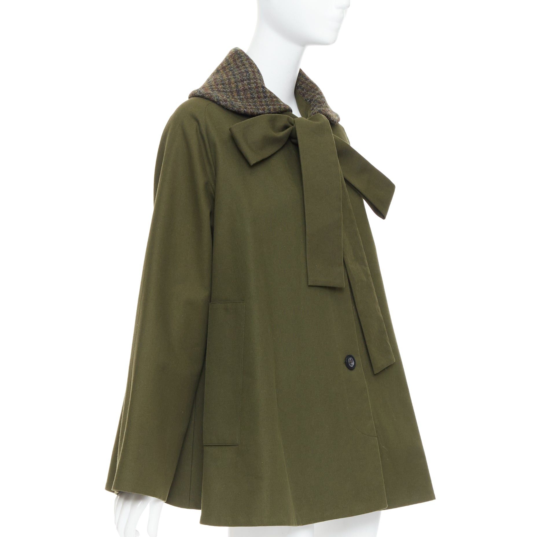 Loewe LOEWE khaki green cotton tweed collar bow neck swing coat FR34 XS Size XS / US 0-2 / IT 36-38 - 1 Thumbnail