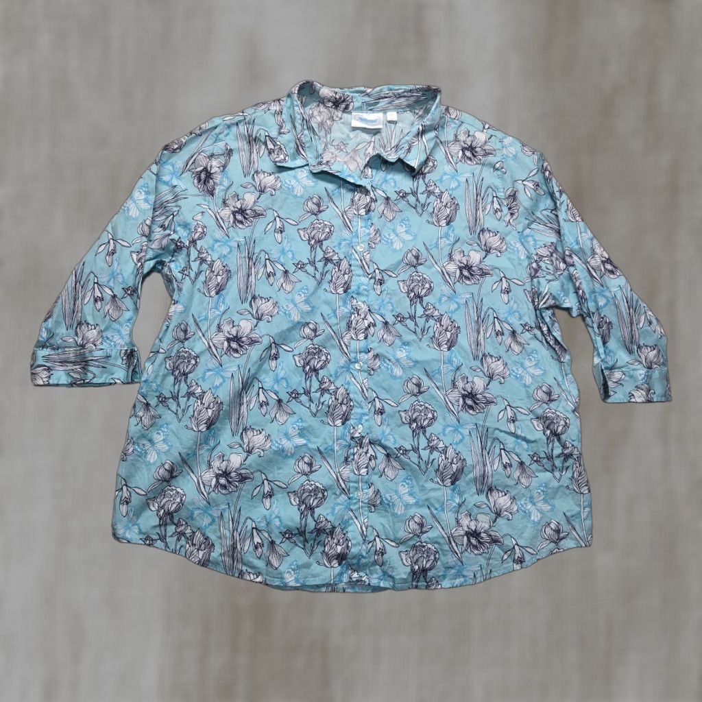 Vintage National Shirt Womens Plus 3X Blue With White Flowers Floral 3/4 Sleeves Button UP Size XXL / US 16-18 / IT 52-54 - 1 Thumbnail