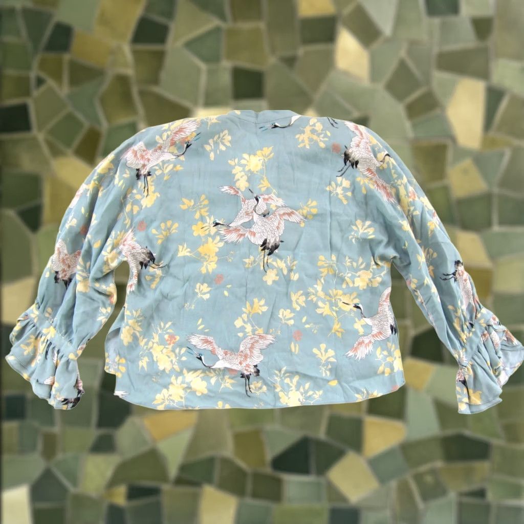 Zara ZARA Basics Blouse Shirt Womens L Blue Floral Bird Ruffle Long Sleeve Crew? Note: This is not allowed to add words or guess. Size L / US 10 / IT 46 - 1 Thumbnail
