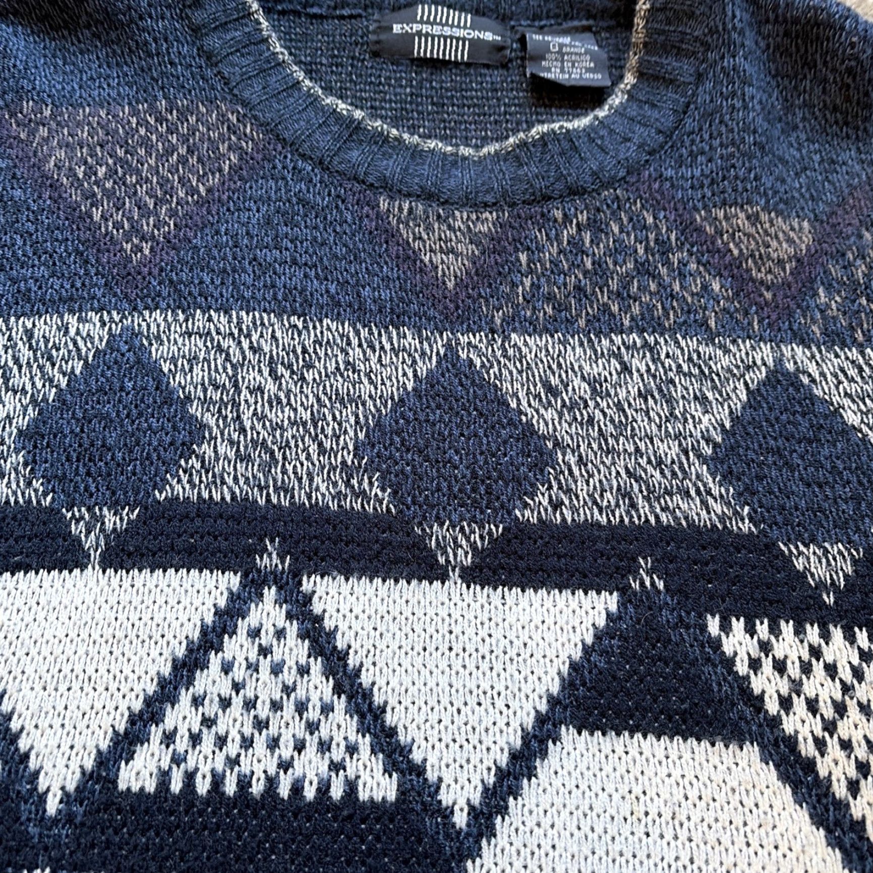 Vintage VINTAGE Expressions Sweater Unisex Adults Large White 90s Multi Pattern Acrylic Knit Pullover Size US L / EU 52-54 / 3 - 3 Thumbnail