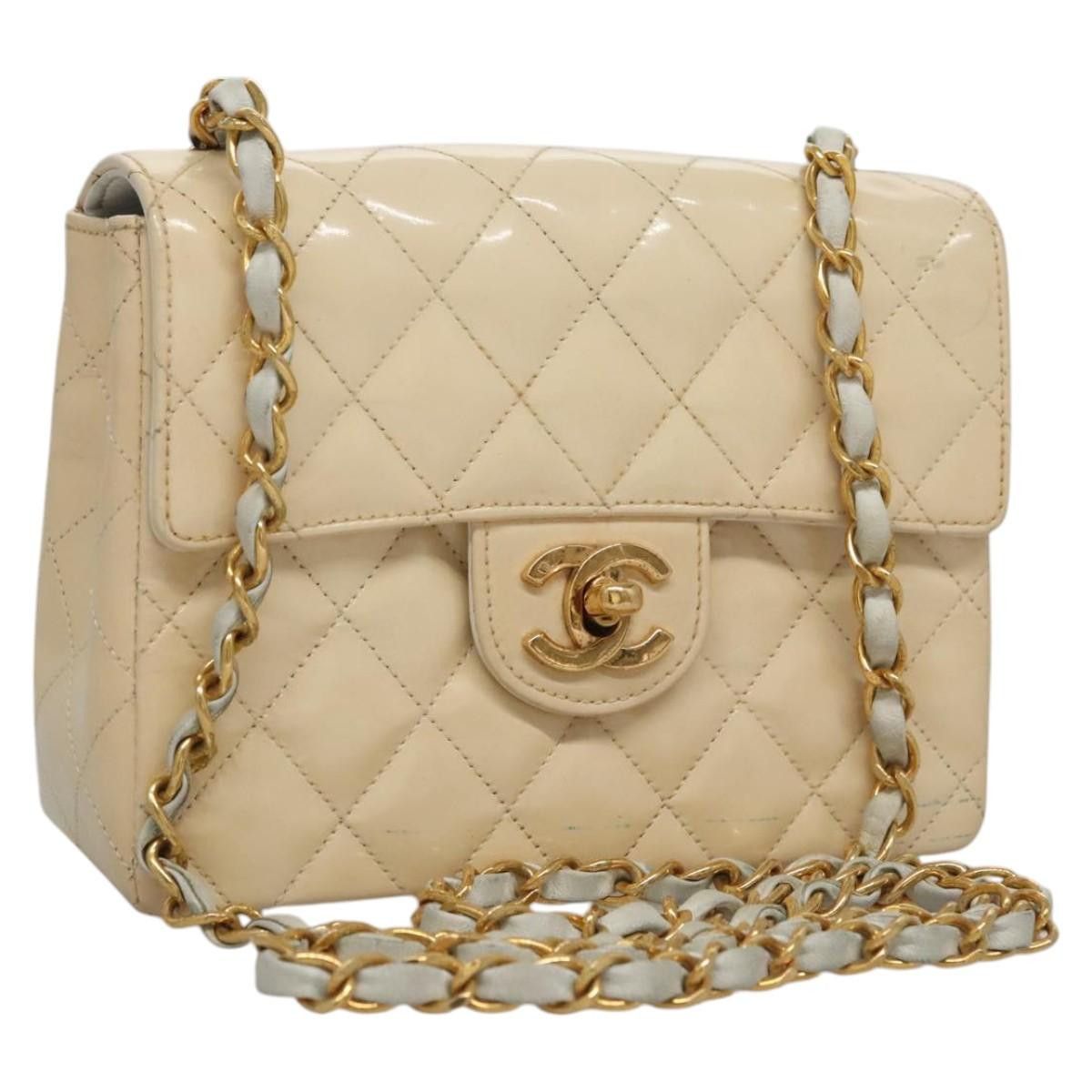 Chanel Mini Matelasse 17 Single Flap Chain Bag Patent Beige Cc Auth Bd935, Women's
