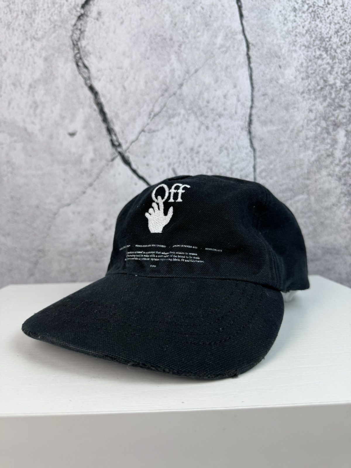 image of Off White Off-White Distressed Embroidered Logo Hat in Black, Men's