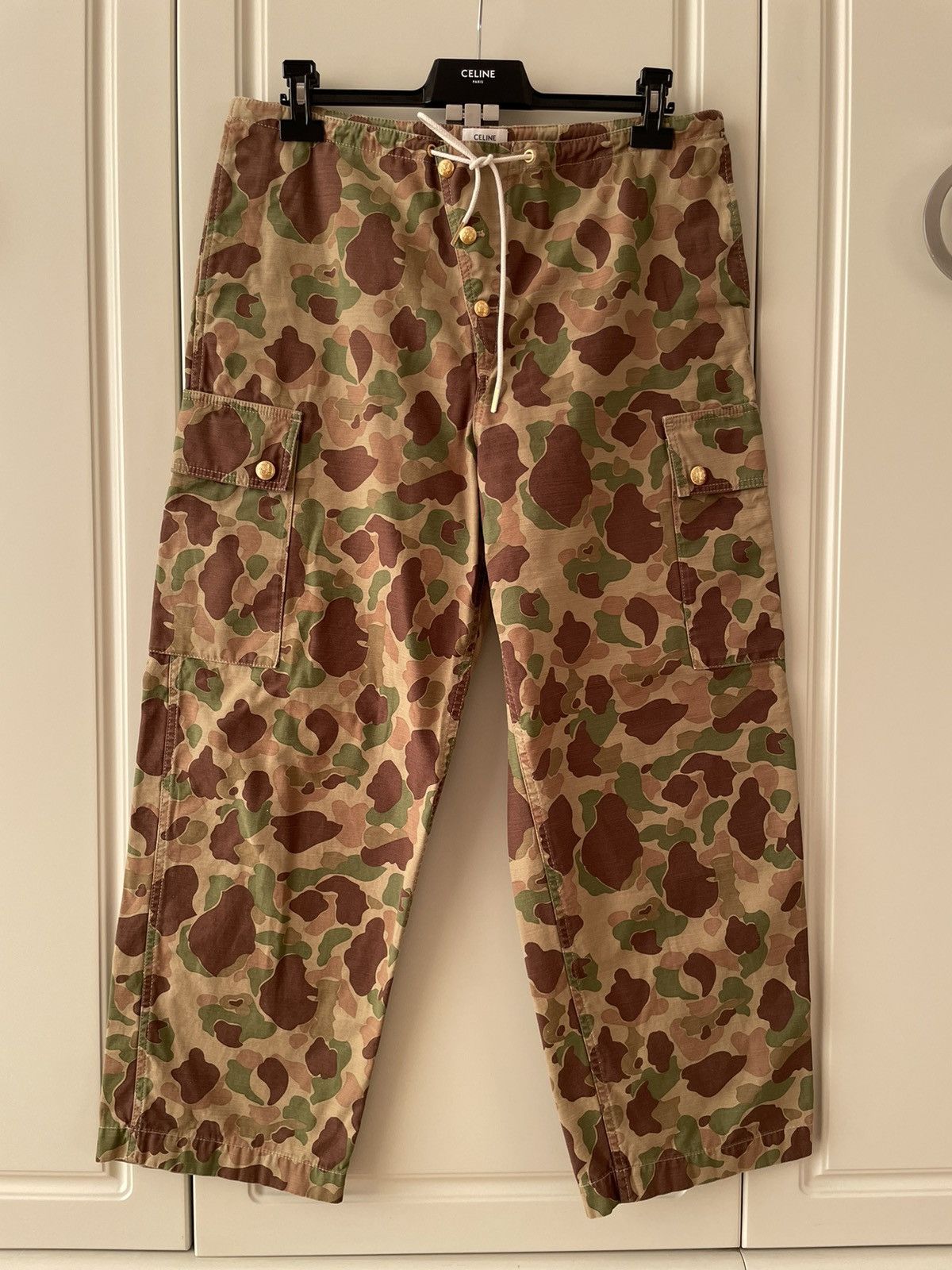 image of Celine x Hedi Slimane Ss22 Camo Cargo Pants Golden Details Trousers, Men's (Size 31)