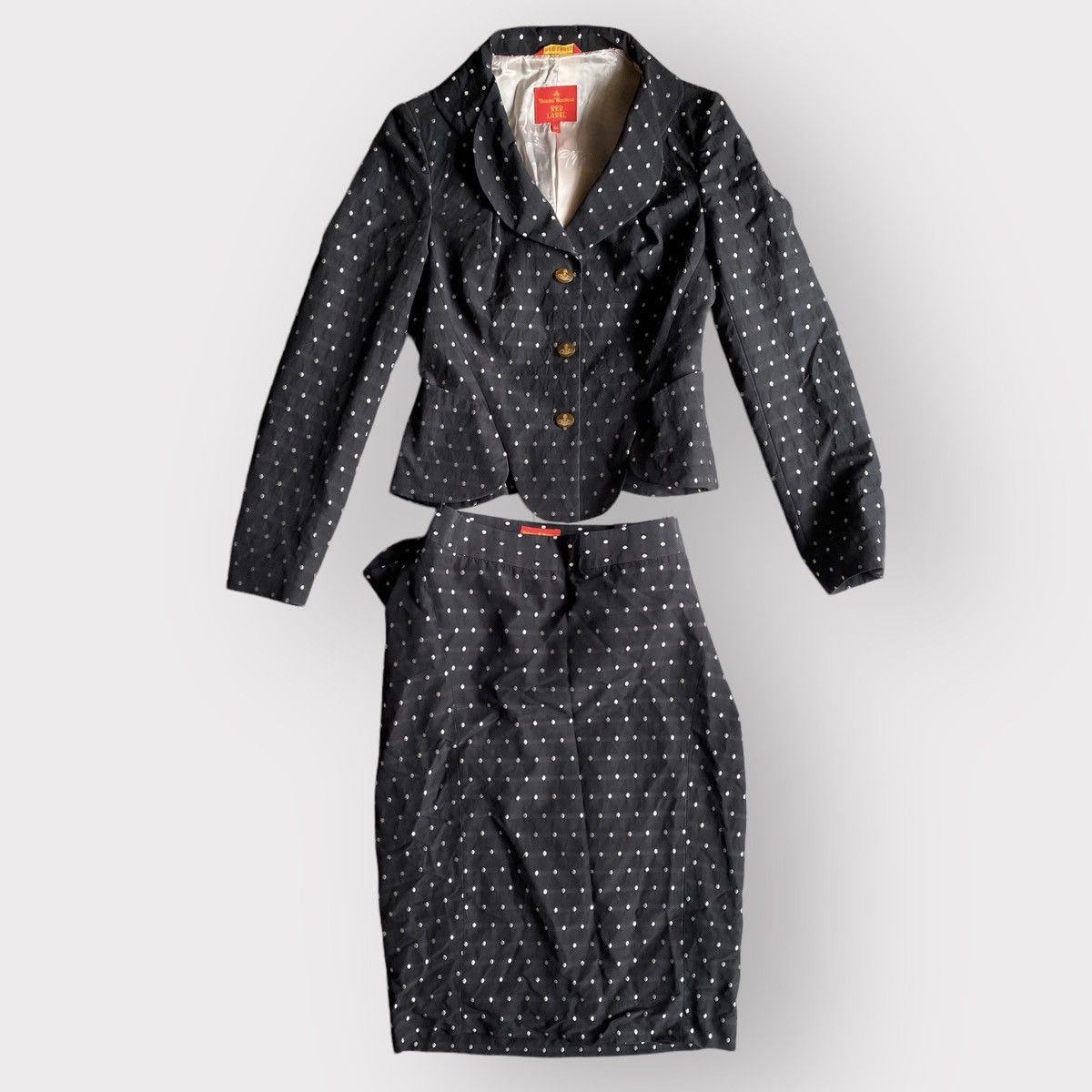 image of Vivienne Westwood Ss08 Embroidered Polka Dot Set (Blazer+Skirt) in Black, Women's (Size Medium)