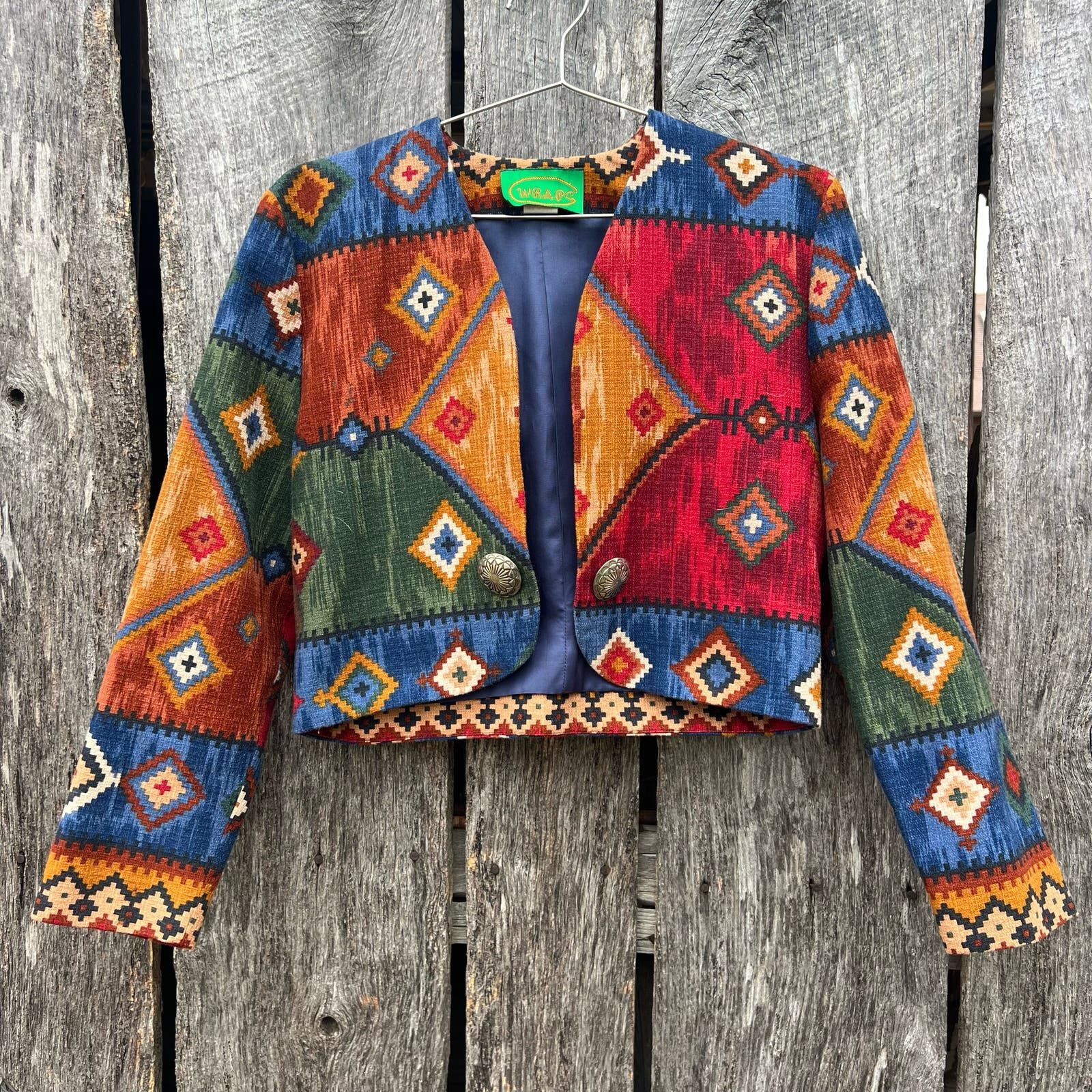 Image of Vintage 90's Southwestern Aztec Crop Blazer Cowgirl Wraps Brand Small in Gold, Women's