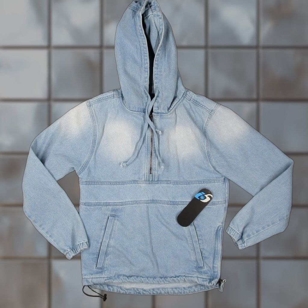 Vintage VINTAGE i5 Apparel Womens Small Denim Anorak Hoodie Quarter Zip Pullover Y2K Logo Zipper Pockets Elastic Drawstring Casual Jacket Coat Size S / US 4 / IT 40 - 1 Thumbnail