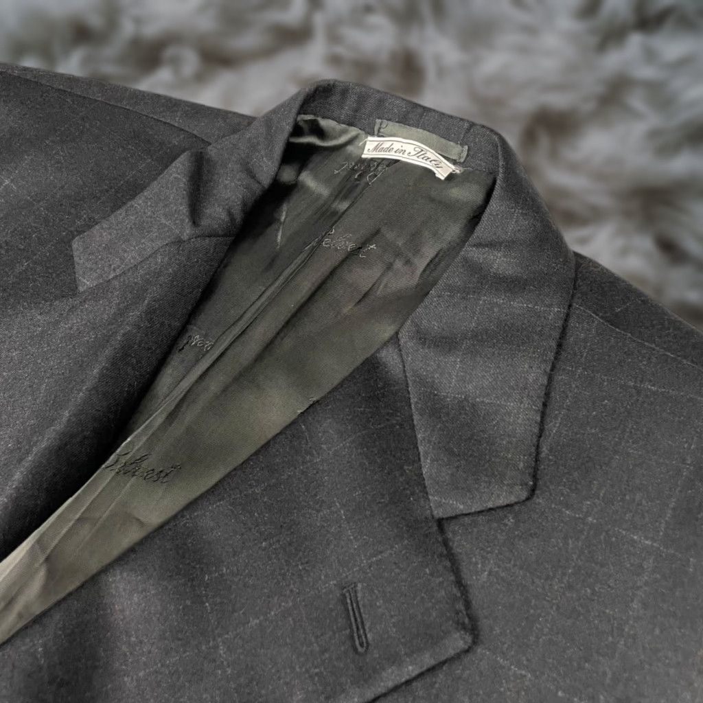 Belvest Men's Blazer 46L Charcoal Gray Windowpane Plaid Three-Button Wool Cashmere Italy