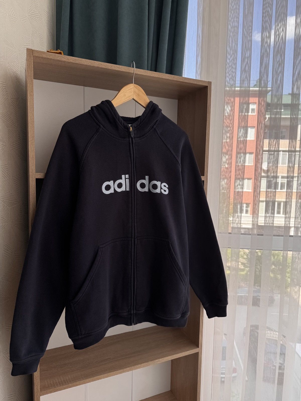 Adidas × Vintage Vintage Adidas Big Logo Navy Zip Hoodie Size US L / EU 52-54 / 3 - 6 Thumbnail