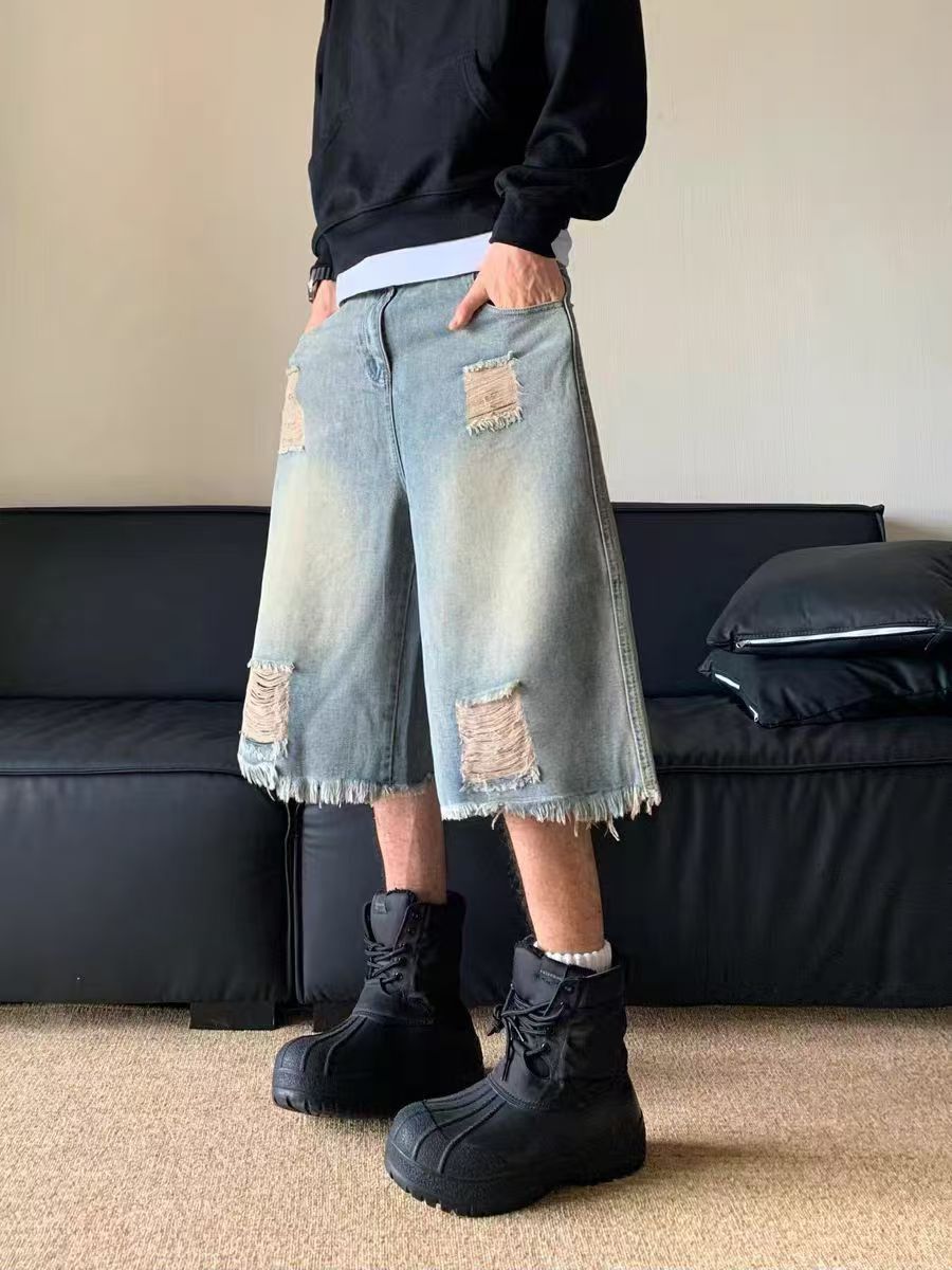 Japanese Brand × Vintage Vintage ripped raw edge washed baggy denim shorts Size US 34 / EU 50 - 3 Thumbnail