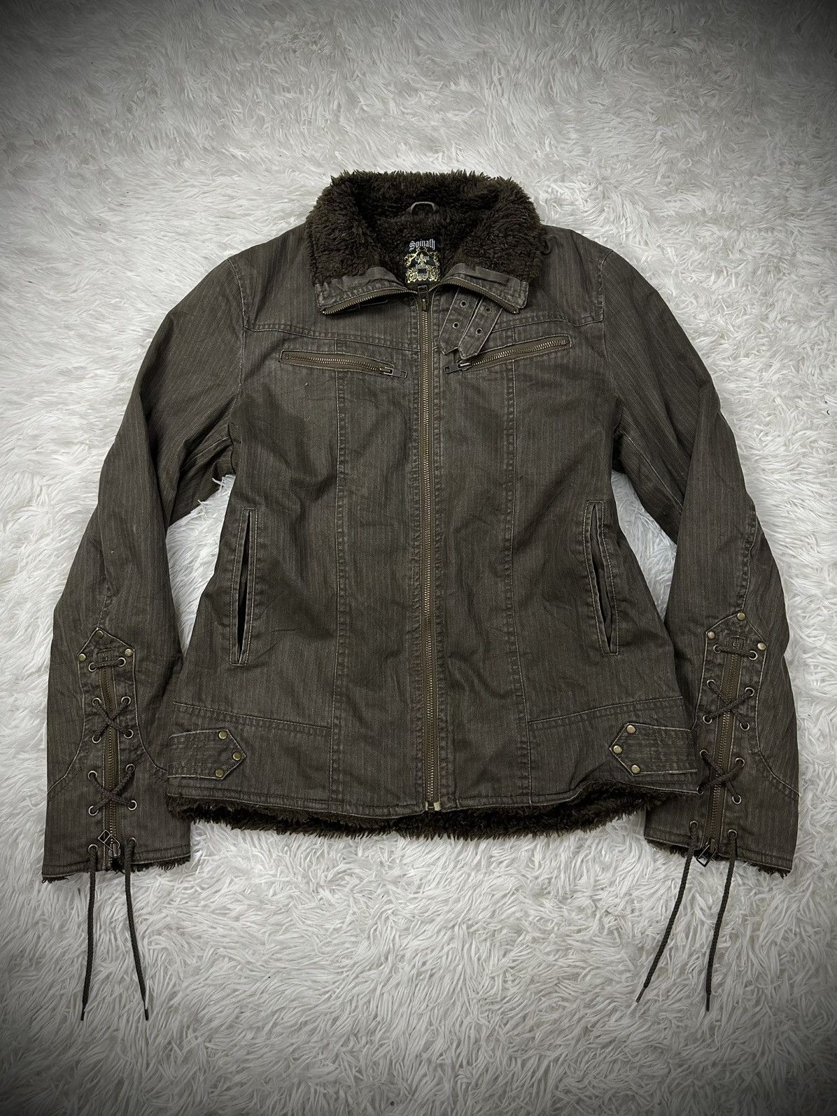 💥rare💥 spinach fur trimmed lace up biker jacket