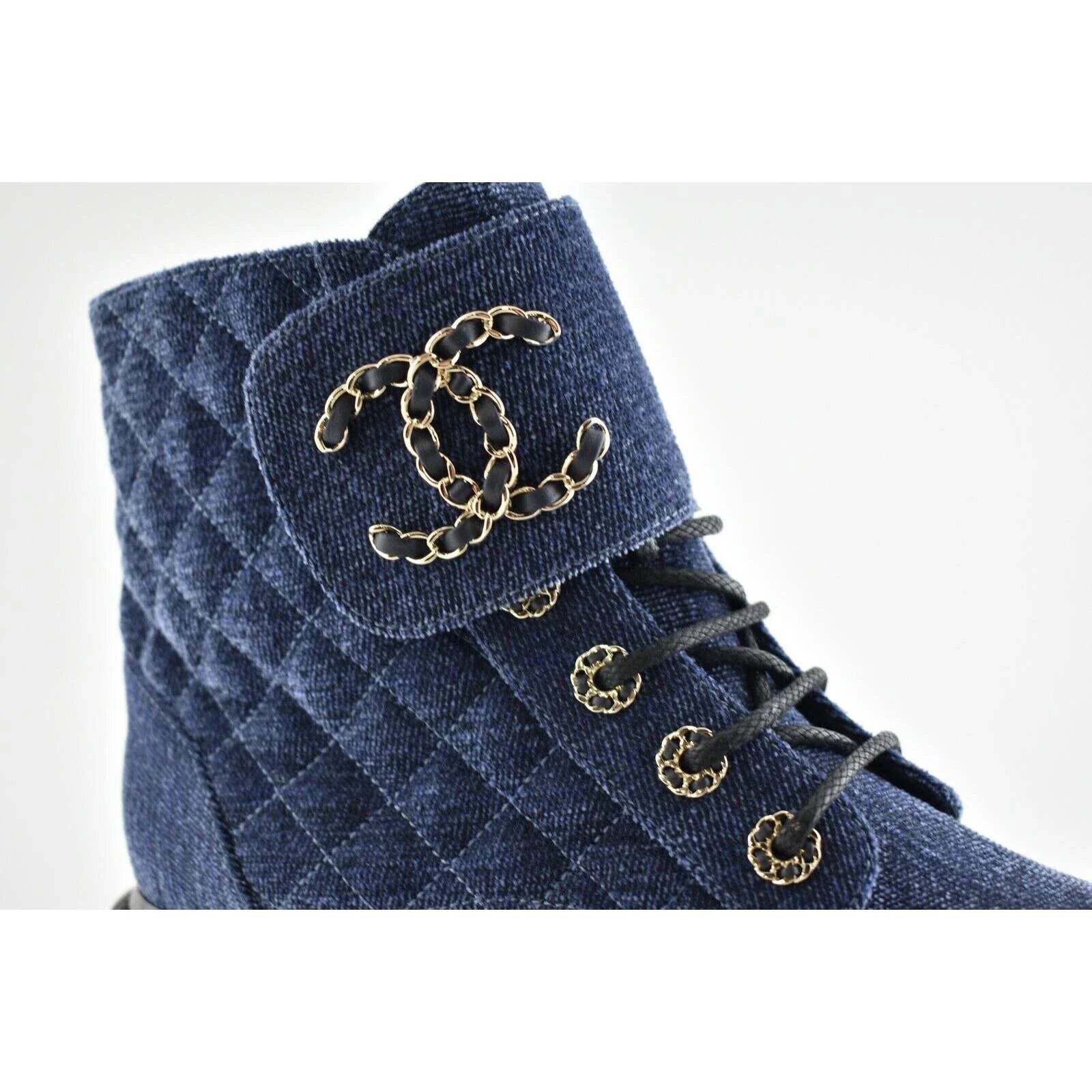 Chanel 21A Blue Black Quilted CC Chain Combat Lace Up