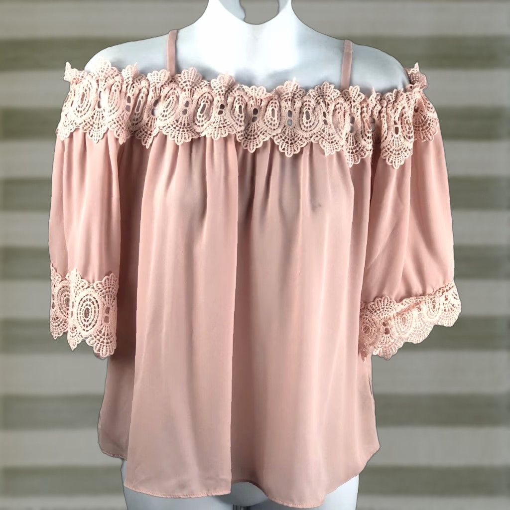 Vintage VINTAGE By By Off shoulder top Shirt L Pink Lace Chiffon Bohemian Fairy Y2K 90s Romantic Coquette Peasant Size L / US 10 / IT 46 - 1 Thumbnail