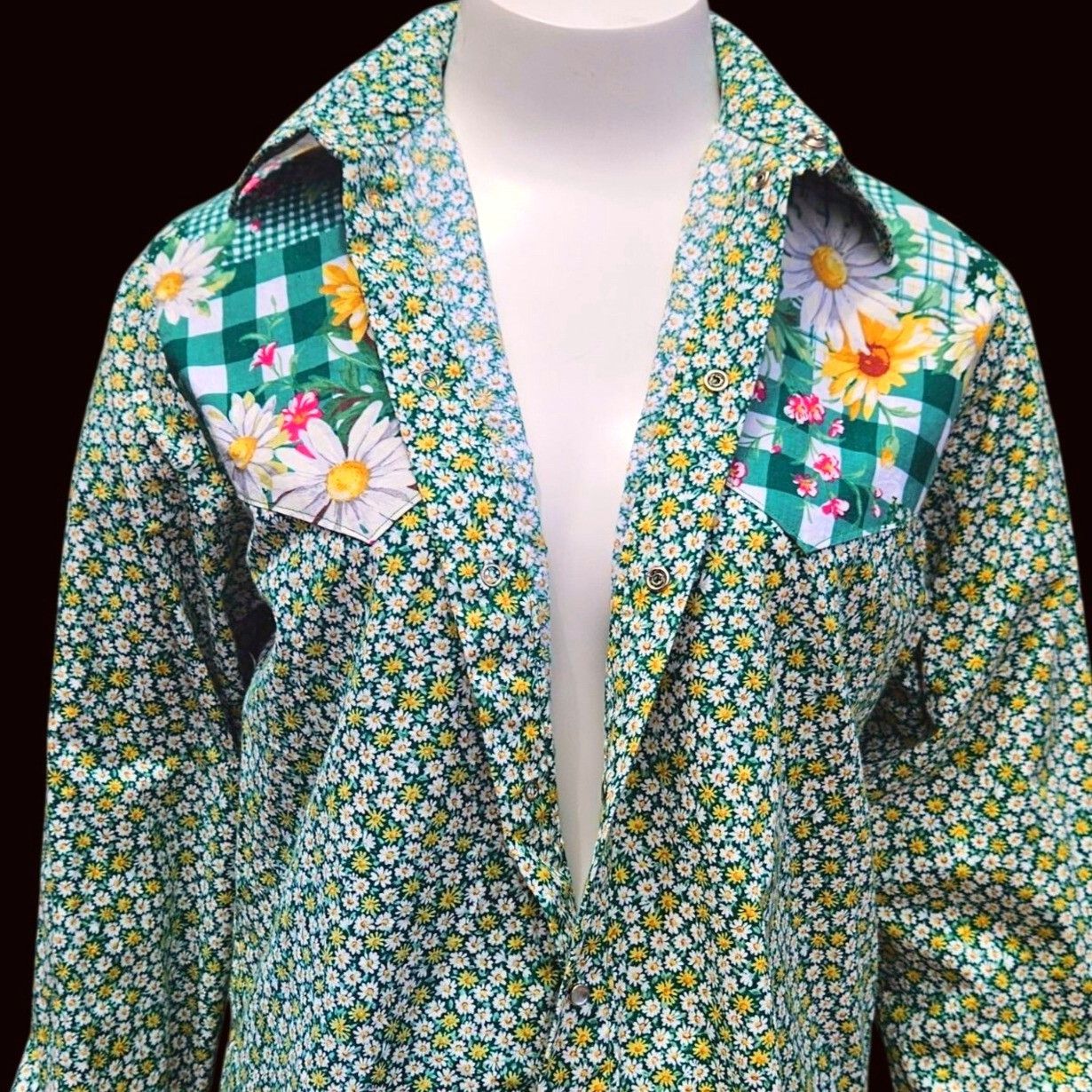 Handmade 70s 80s Handmade Western Snap Shirt Daisy Floral Patchwork C Size US L / EU 52-54 / 3 - 9 Thumbnail
