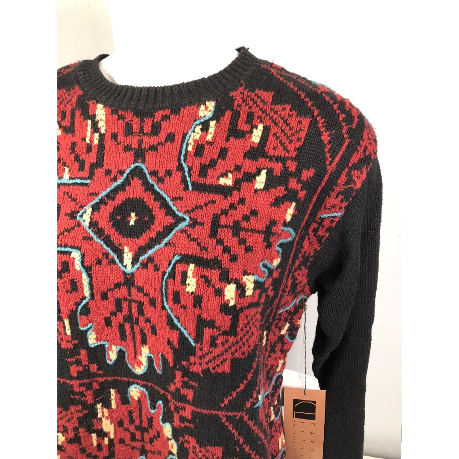 Vintage New w Tag CAROLE Little PETITES Knitwear Red Black Sz. P Pullover Sweater Womens Size S / US 4 / IT 40 - 3 Thumbnail