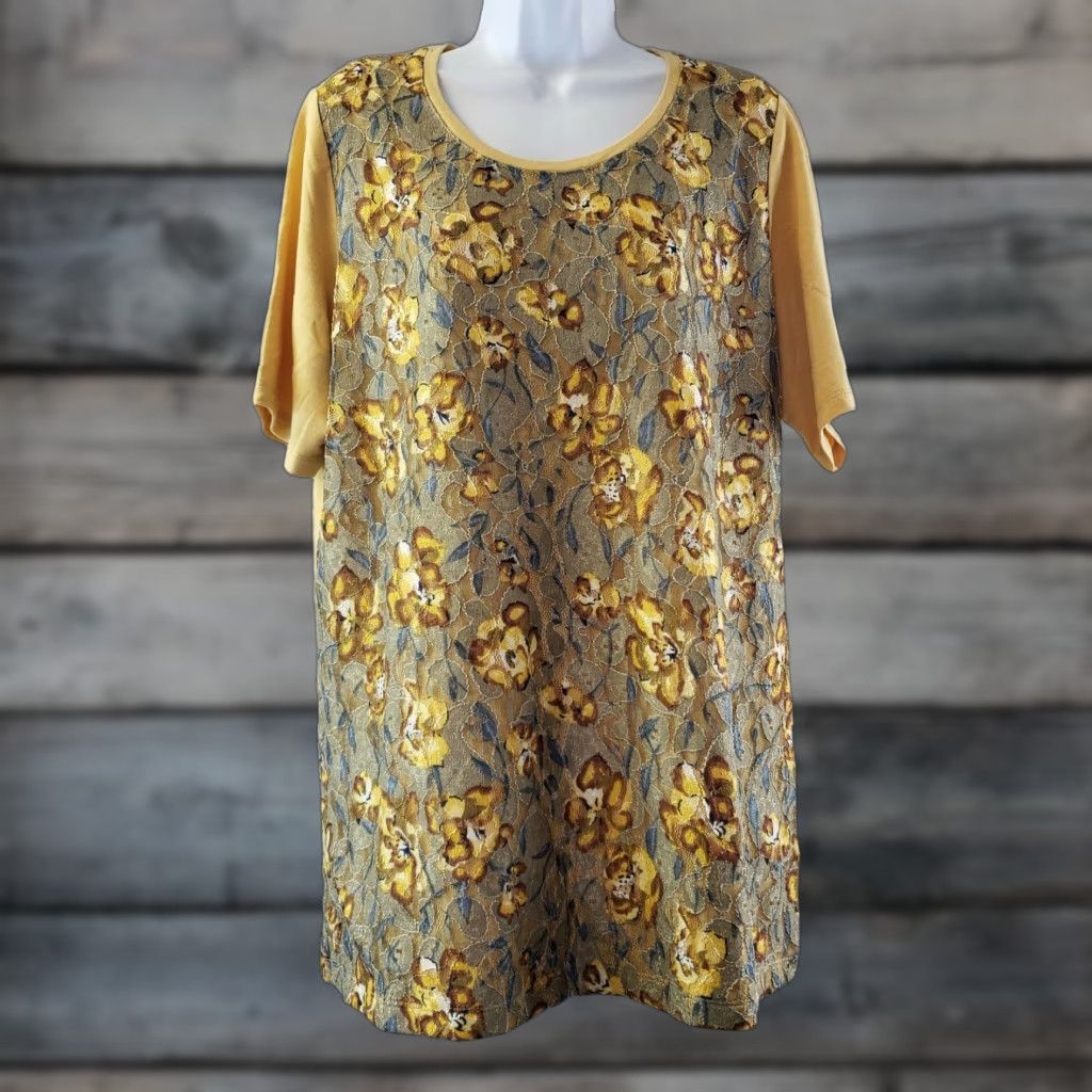 Vintage LOGO Lounge Womens Top Shirt Adult Large Yellow Lace Front Short Sleeve Rayon Blend Size L / US 10 / IT 46 - 1 Thumbnail