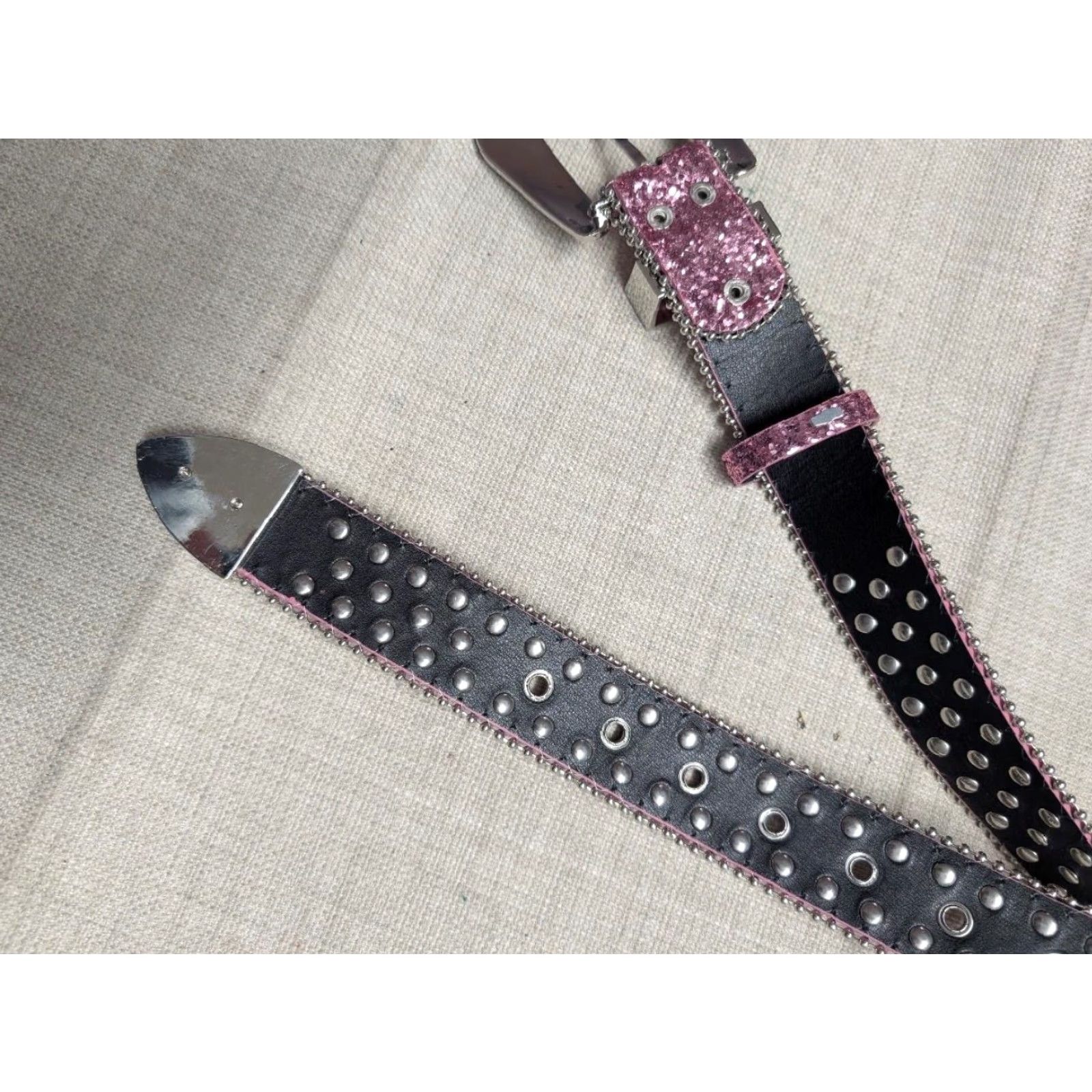 Vintage VINTAGE RHINESTONE STUDDED pink glitter Y2K BUCKLE BELT western 42 belt unisex adults 1-1/2" width pink glitter rhinestone barbie COWBOY Size 42 - 5 Thumbnail