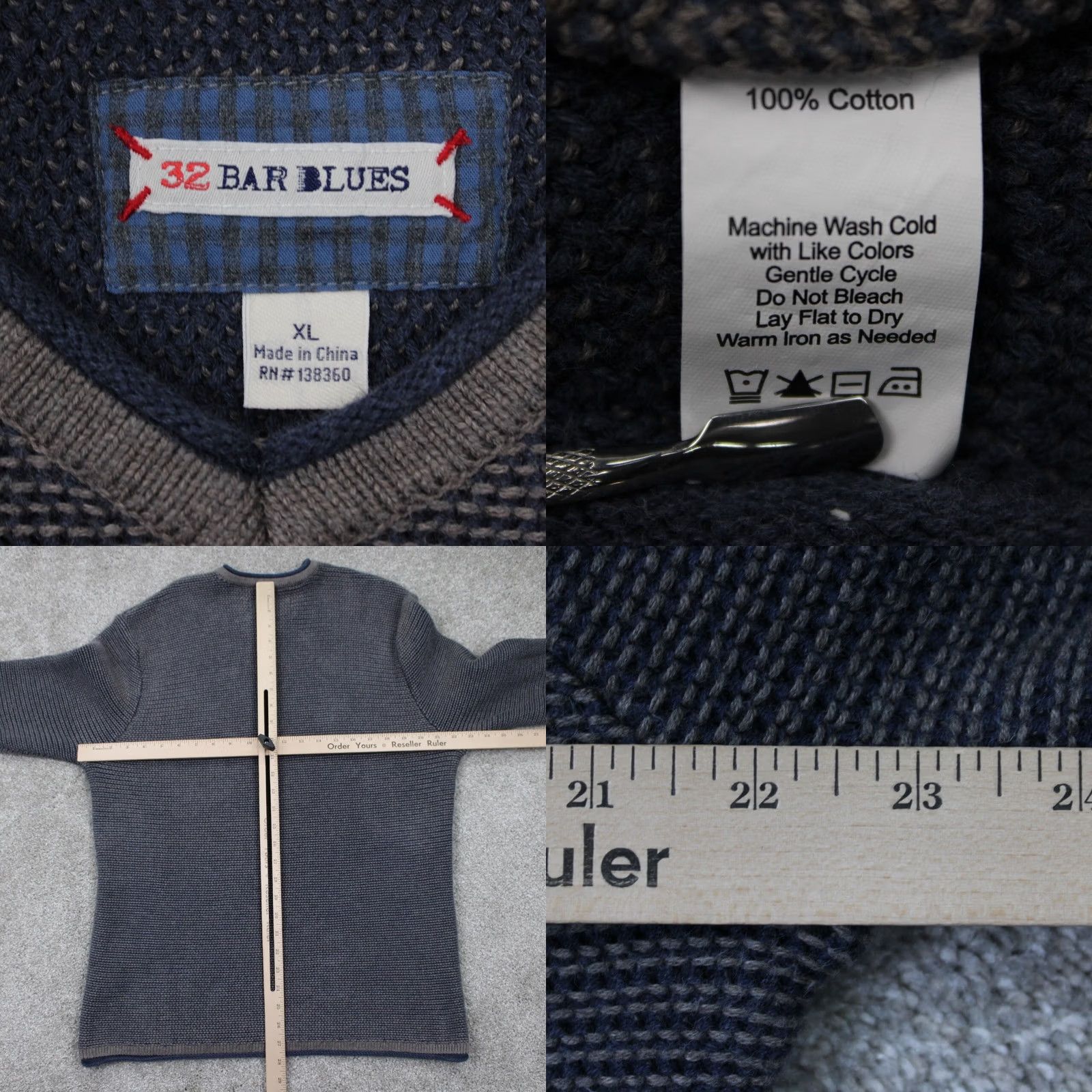 Vintage 32 Bar Blues Sweater Mens XL Blue/Gray Chunky Knit 100% Cotton L/S Sweatshirt Size US XL / EU 56 / 4 - 8 Thumbnail