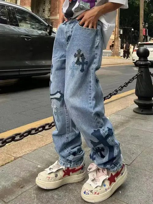image of Vintage Street Style Retro Cross Print Straight Jeans in Blue, Men's (Size 32)