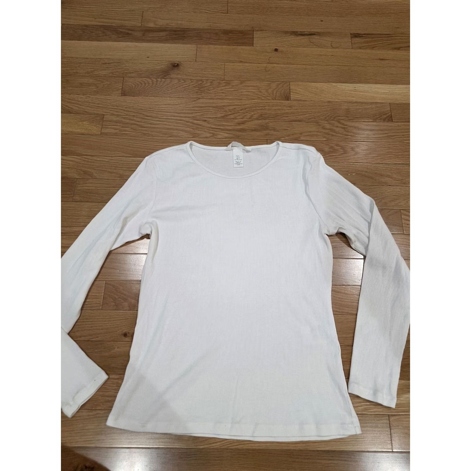 H&M H&M Ribbed Cotton Top Long Sleeve Large White Women T-Shirt L Regular Cotton Size L / US 10 / IT 46 - 7 Thumbnail