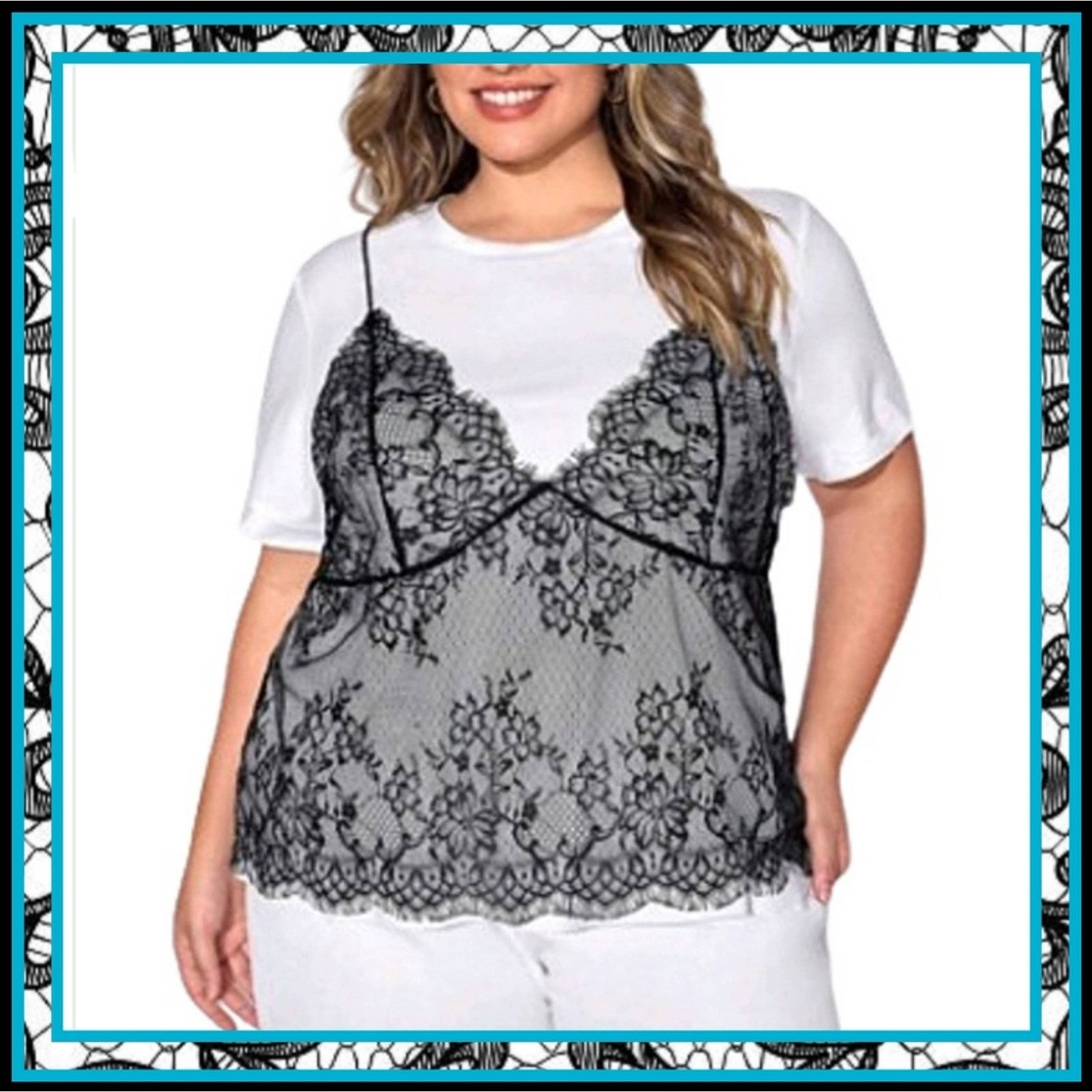 Shein Unique ☆ Crisp White Tee ☆ Black Lace Cami Overlay 4x ☆ NWT Size 4XL / US 24-26 - 1 Thumbnail
