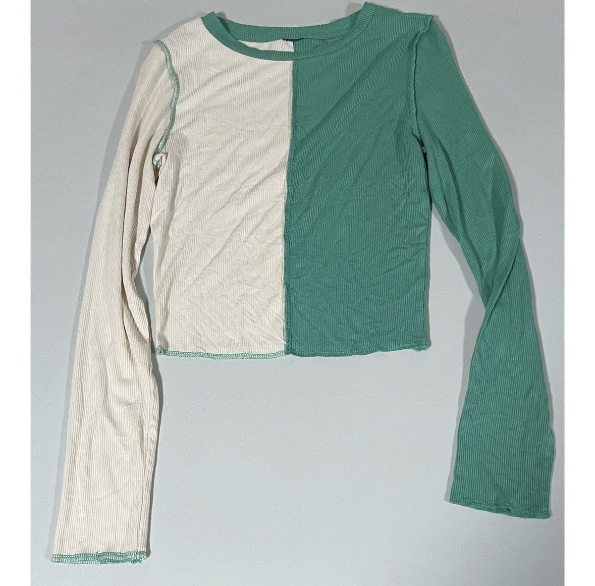 Japanese Brand Teal Green White Color-Block Long Sleeve Shirt Top Tee XS 🤍✨ Size XS / US 0-2 / IT 36-38 - 2 Thumbnail