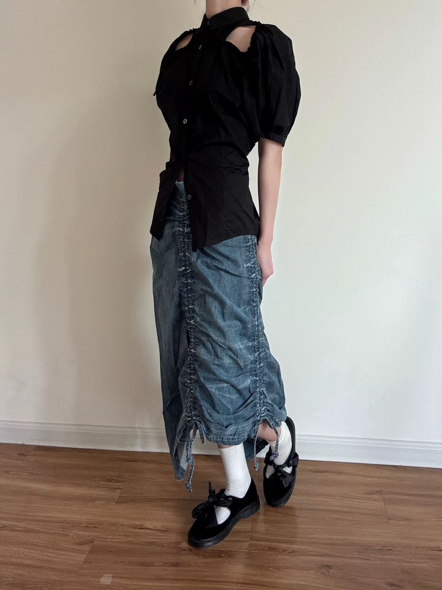 Yohji Yamamoto Limi Feu Drawstring Denim Skirt Size 26" / US 2 / IT 38 - 1 Thumbnail