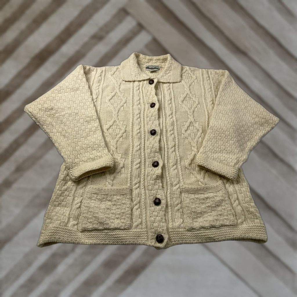 Vintage Aran Crafts Cable Knit Cardigan Sweater Womens Large Ivory Wool Size L / US 10 / IT 46 - 1 Thumbnail